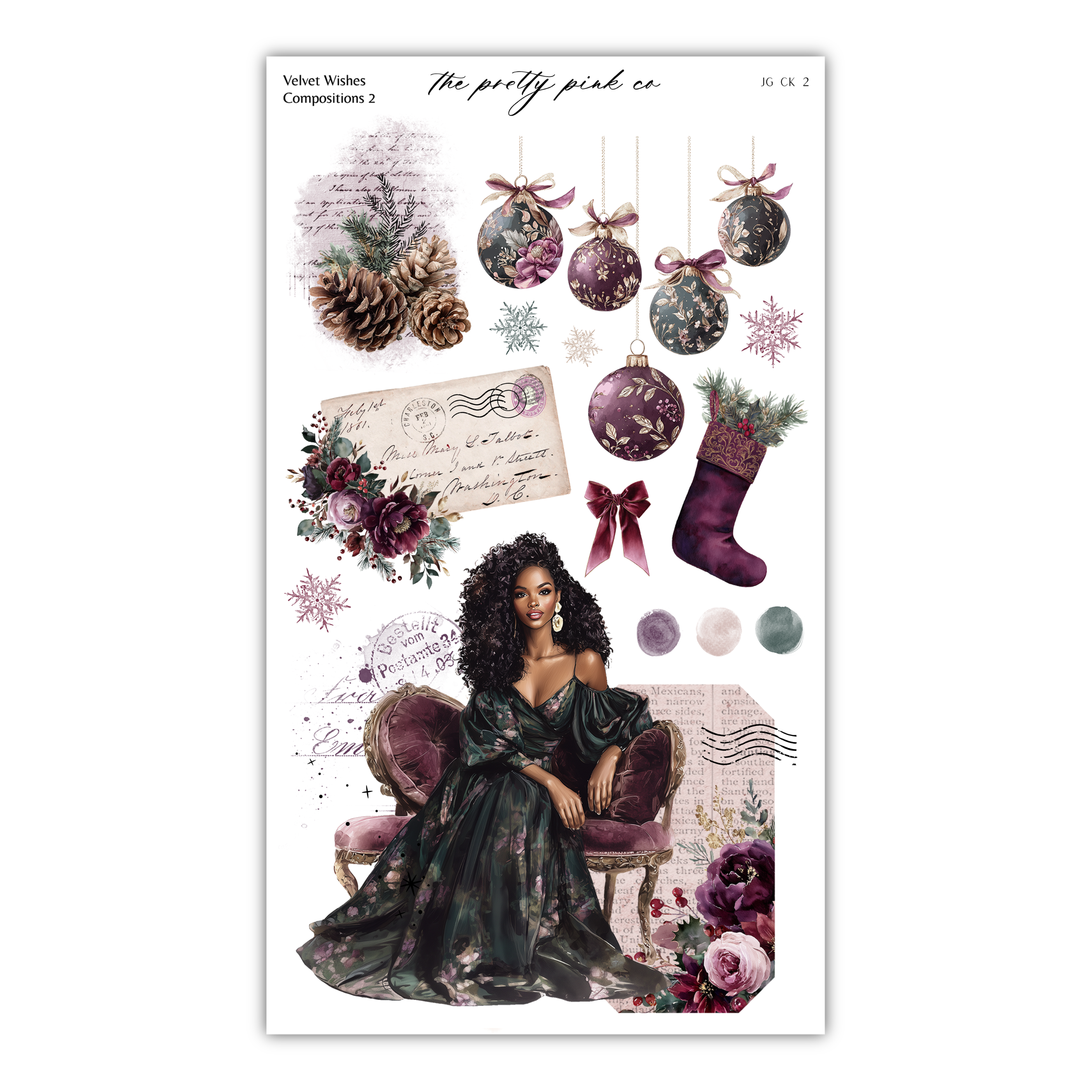 The image is a collage of various Christmas-themed elements, including a woman in a long dress, pine cones, ornaments, and a letter. The collage is titled " Velvet Wishes: The pretty pink co" and includes a "JK CG 2" label.