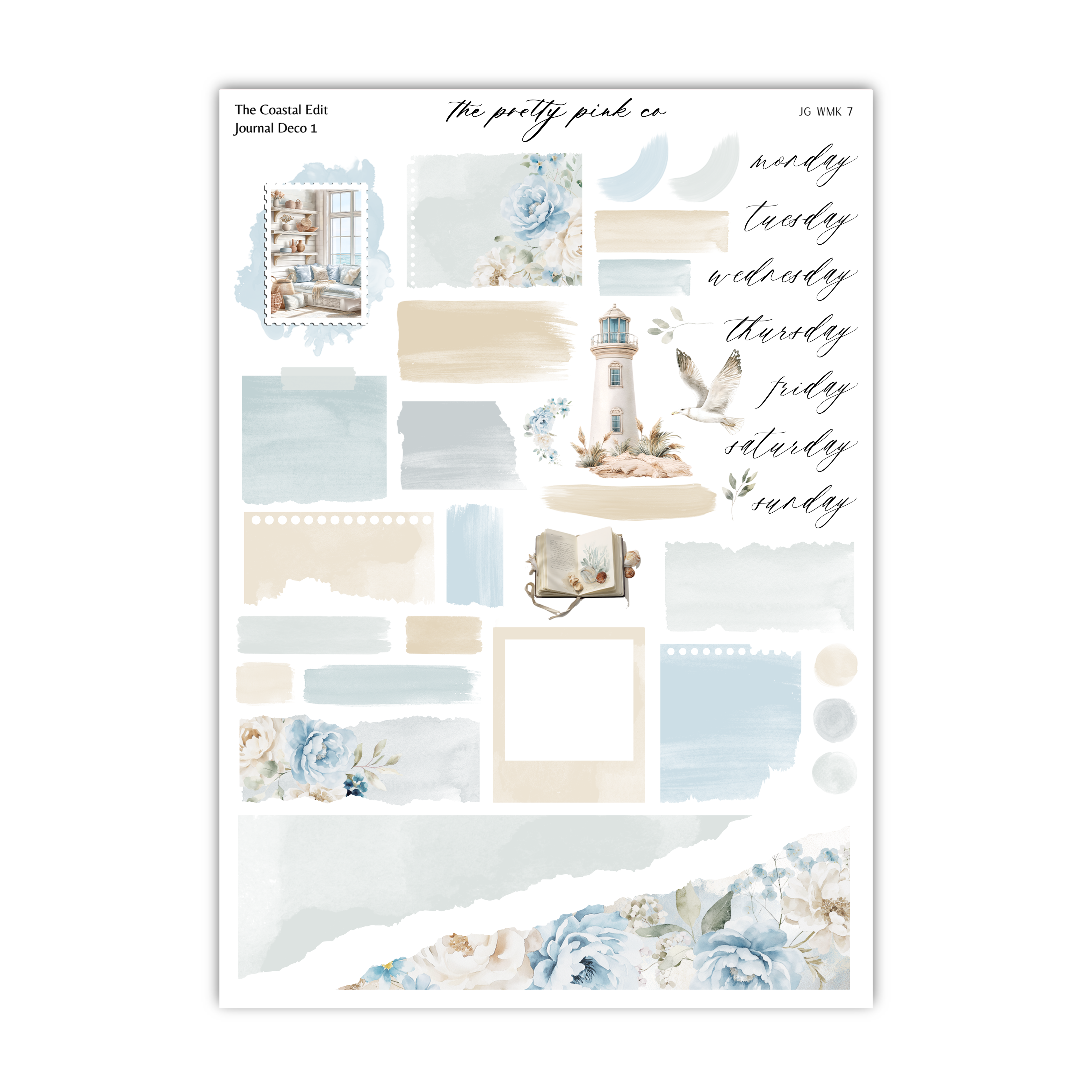The image is a collage of various elements, including a lighthouse, a book, and floral designs, all set against a light blue background. The collage appears to be a collection of different images, rather than a single, continuous scene.