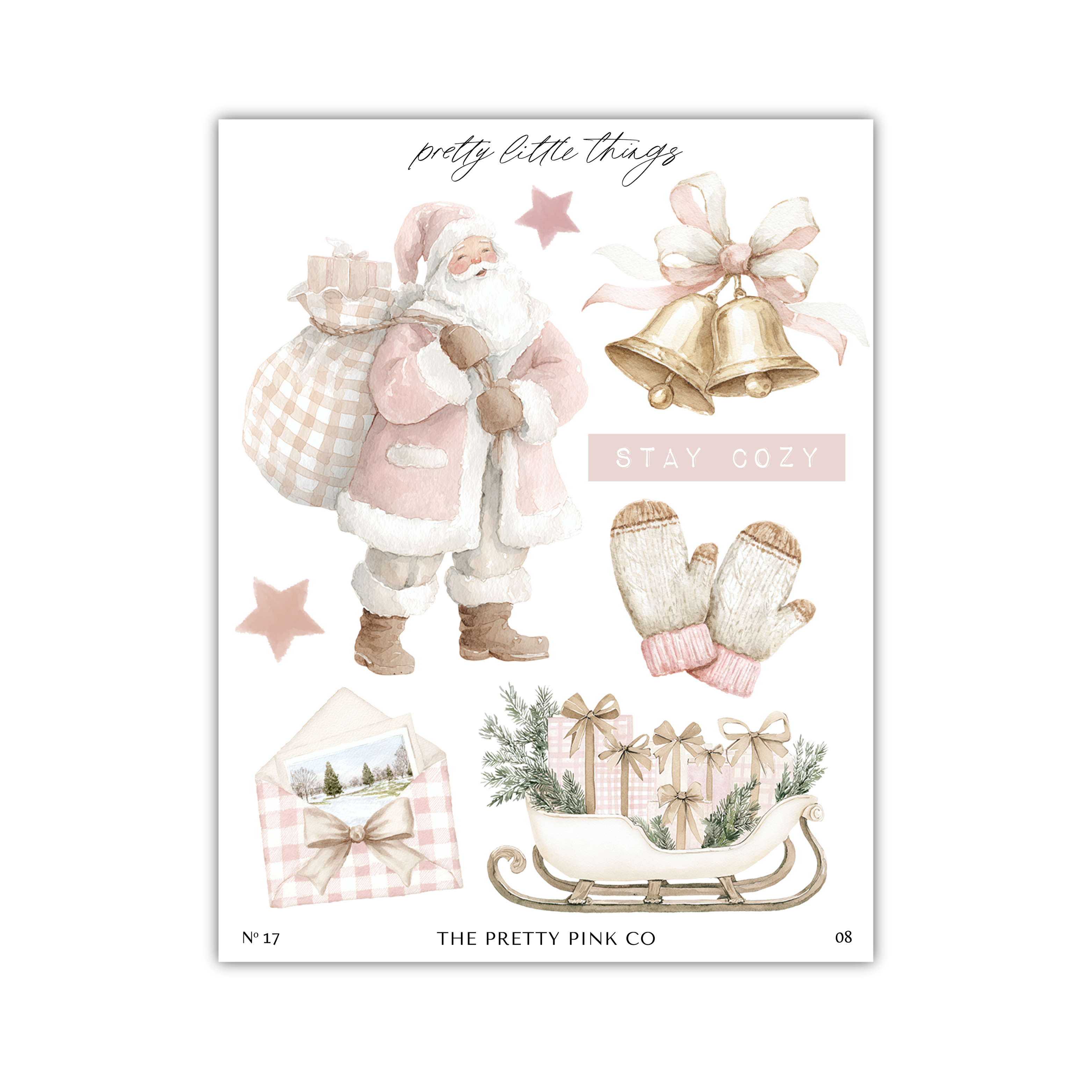 The image is a collage of various Christmas-themed items, including a Santa Claus figure, bells, mittens, a sled, and presents.