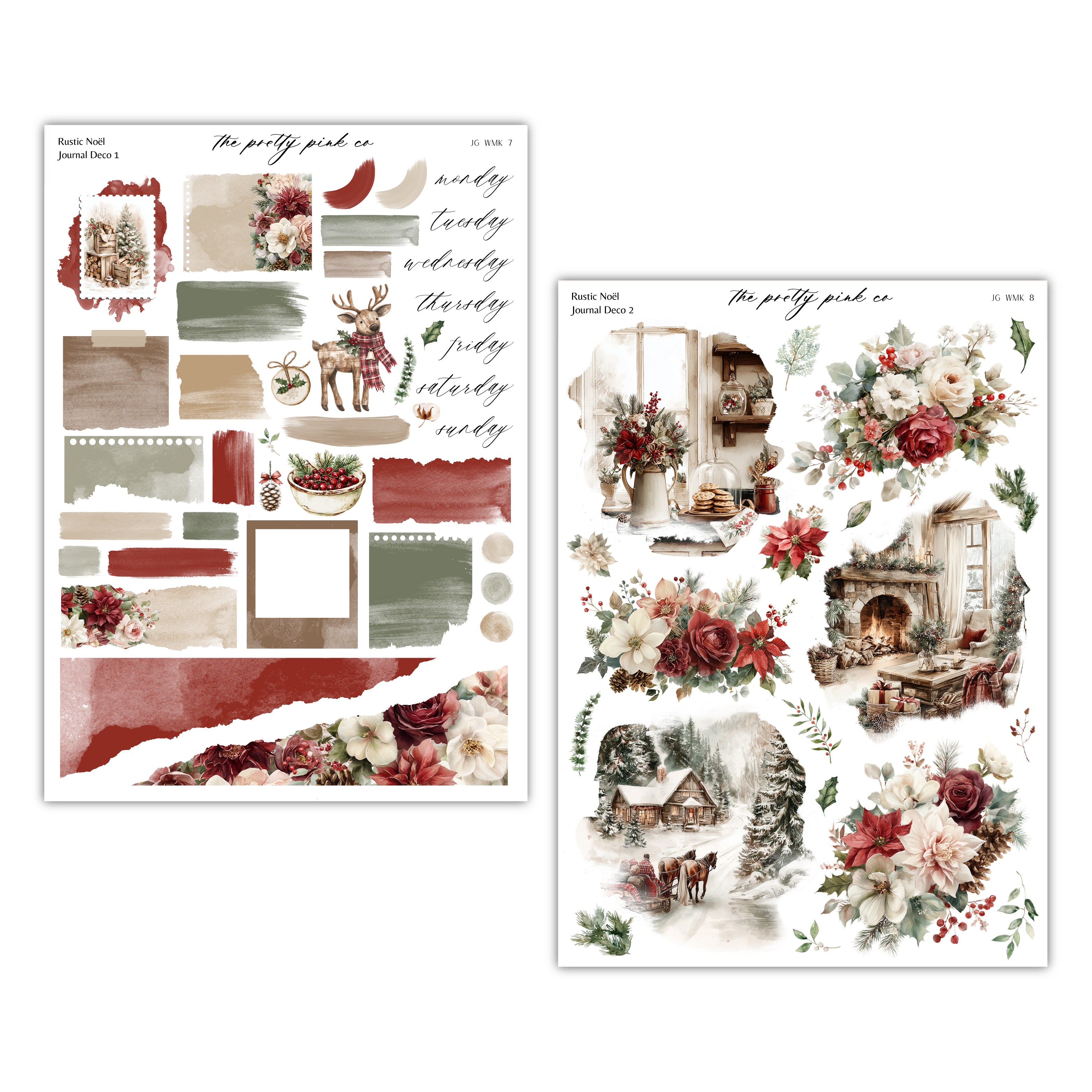 two separate images, each featuring a variety of floral and winter-themed elements. The images are arranged side by side, showcasing different scenes and decorative motifs.