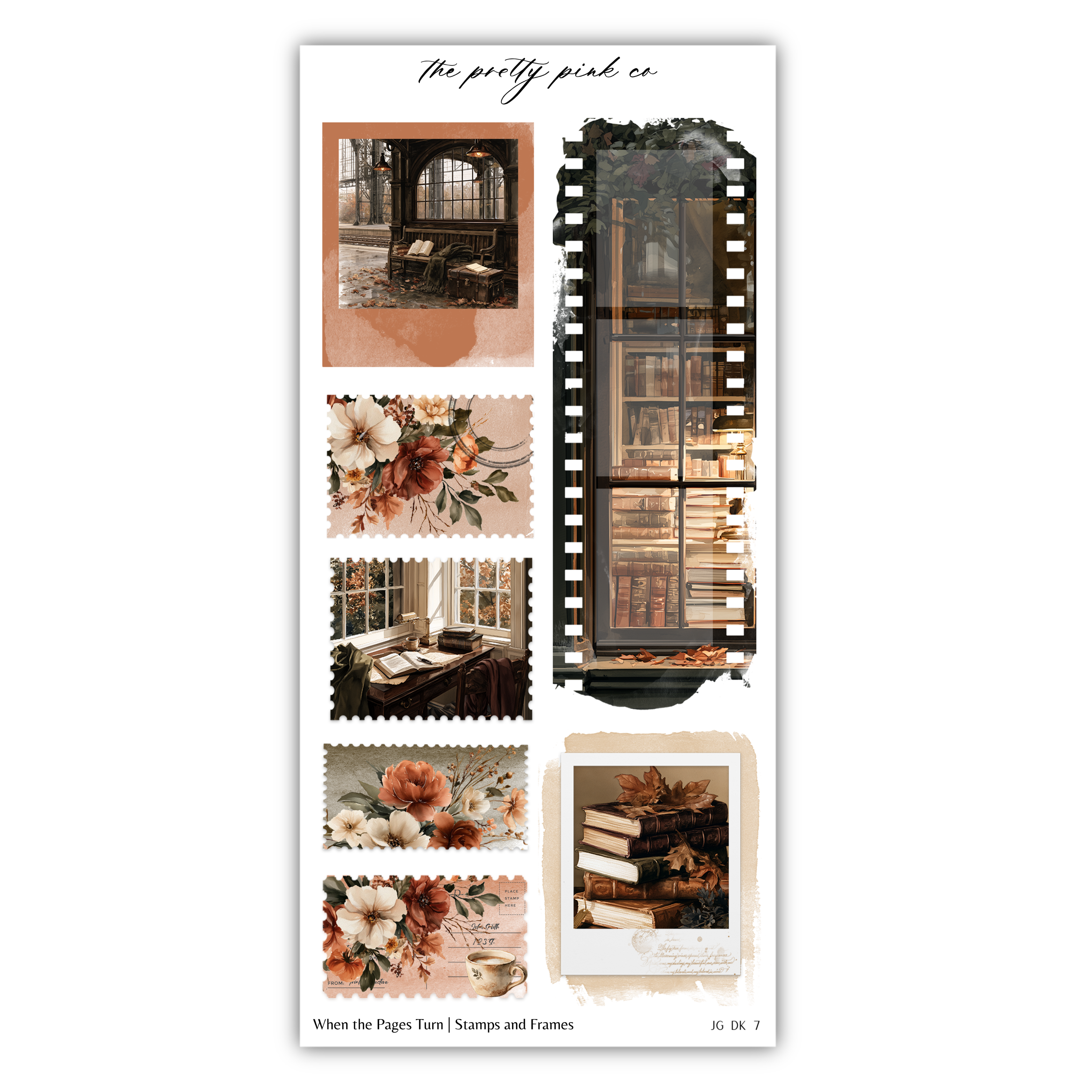 The image is a collage of various images, including a window, flowers, books, and other decorative elements. The collage is titled "When the Pages Turn / Stamps and Frames" and includes a list of items such as "The image depicts", "The image displays", "The image shows", "In the image", "The image captures", "The image features", and "The image includes".