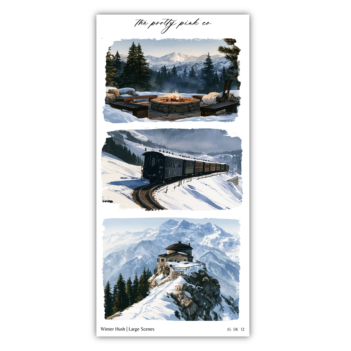The image is a collage of three winter scenes, including a snowy mountain landscape, a train on a snowy track, and a snowy mountain with a small building on top.