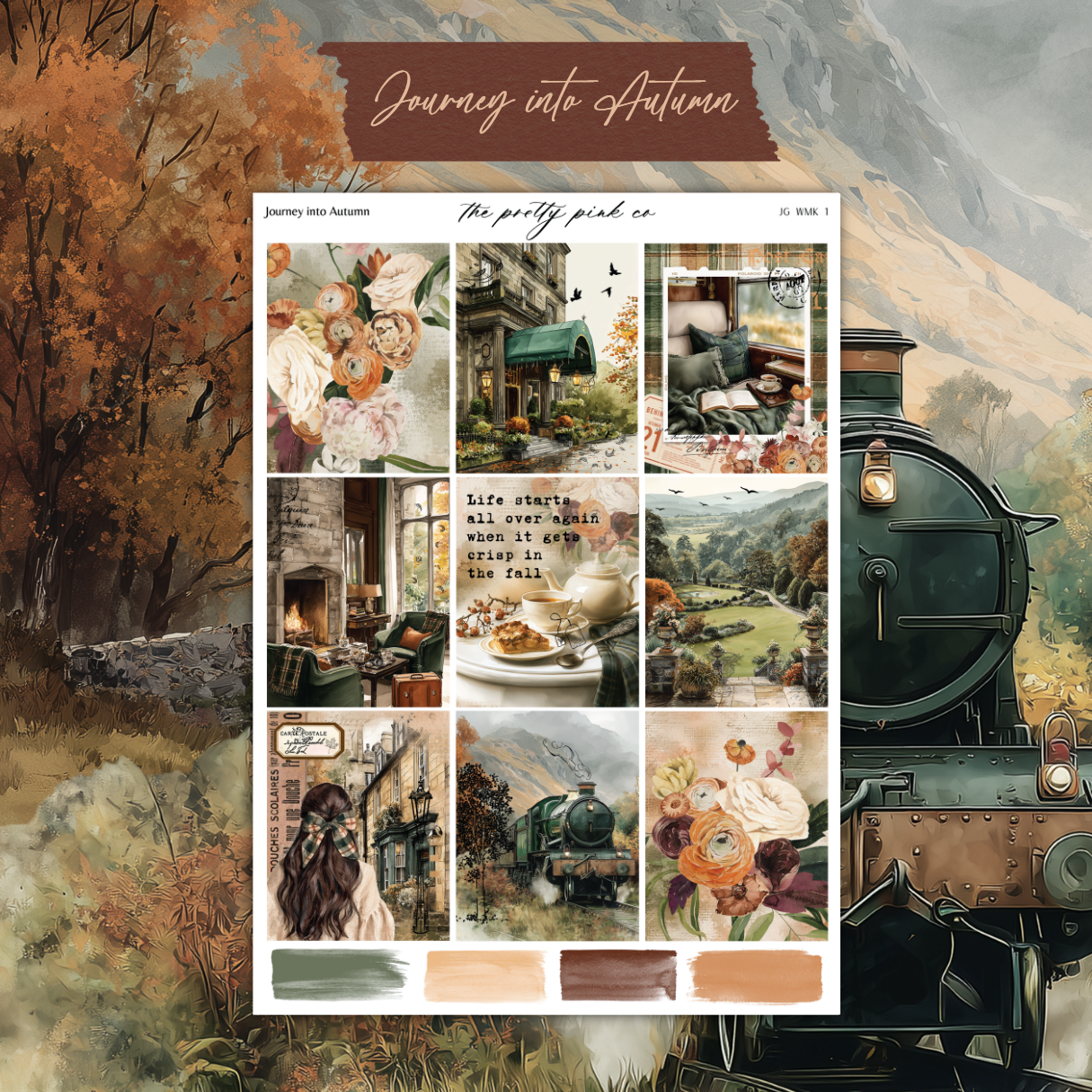The image is a collage of nine different scenes, including a train, a fireplace, a person, and various autumn-themed elements such as flowers, leaves, and a mountain backdrop.