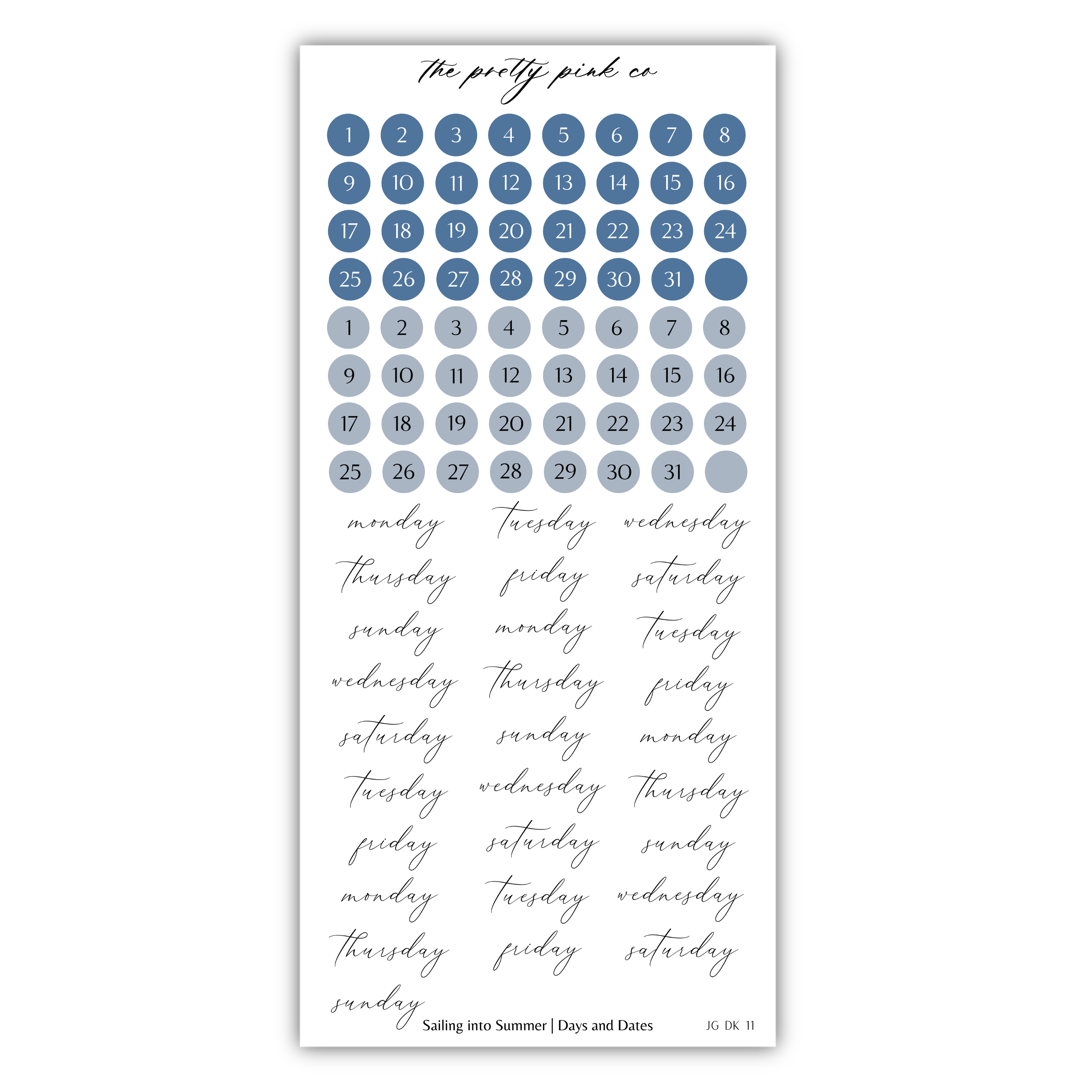 The image is a calendar with a grid of blue circles representing days of the week, and the days of the week written in cursive.
