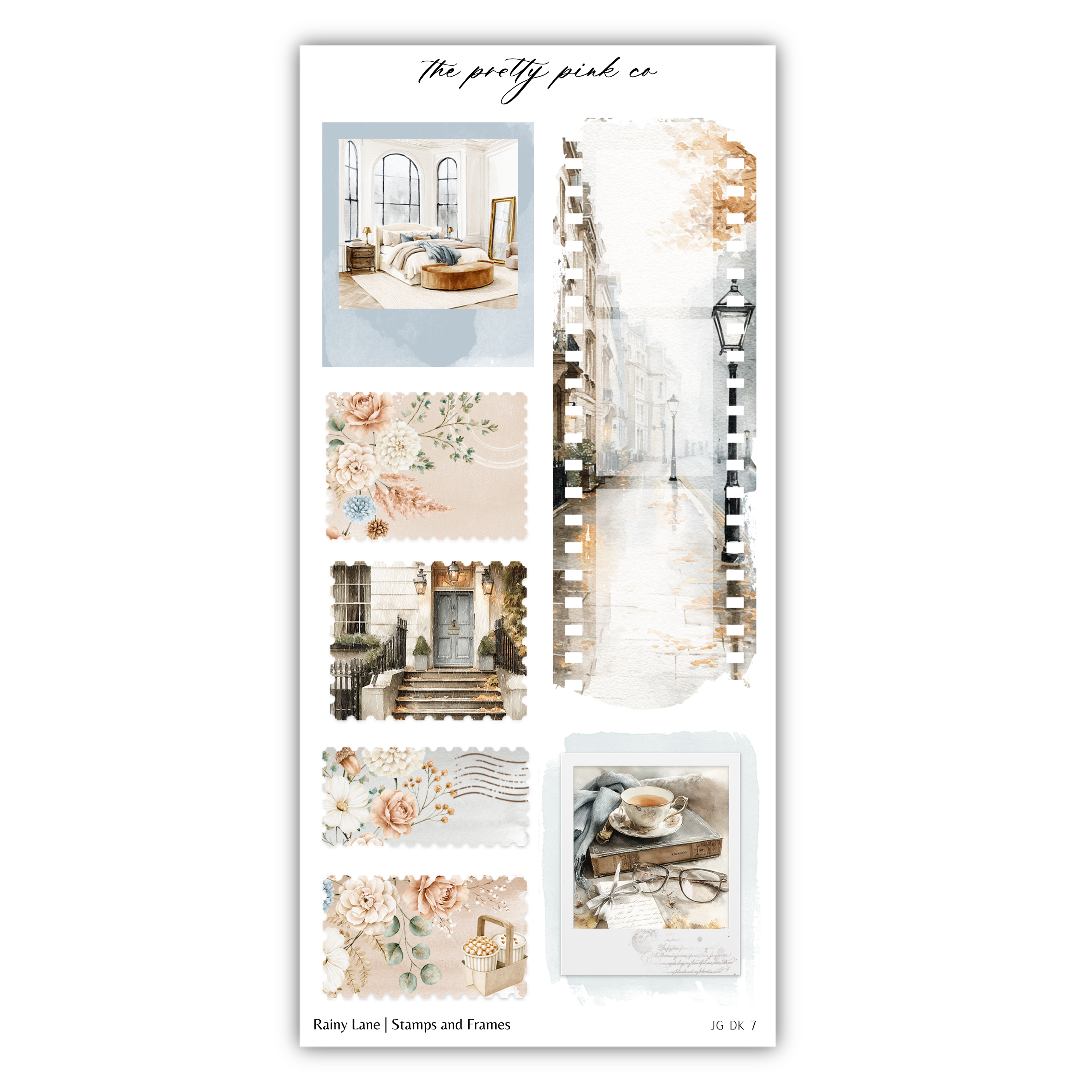 The image is a collage of various artistic and decorative elements, including a bedroom, a street scene, floral patterns, and a teacup.
