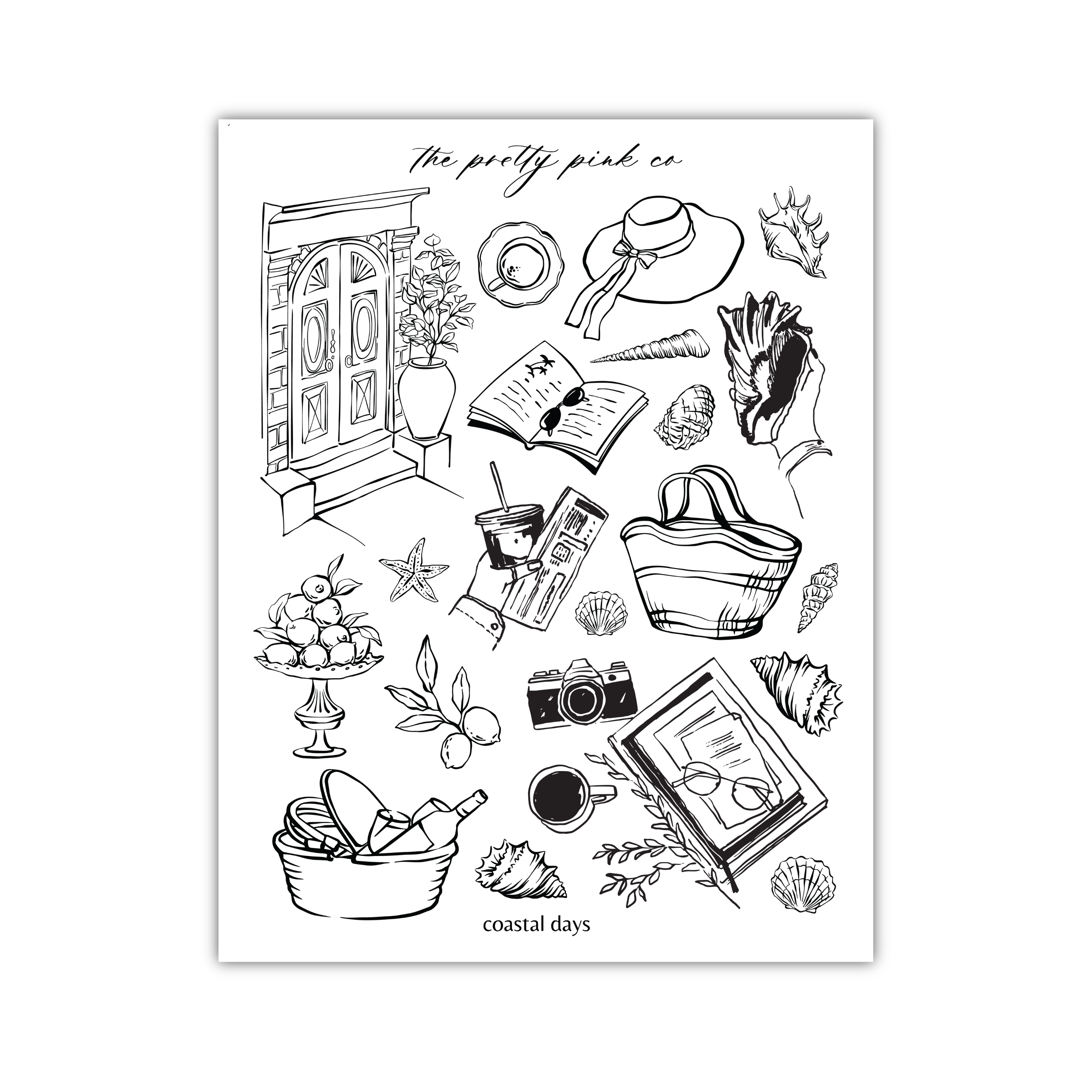 a black and white drawing of a bunch of things