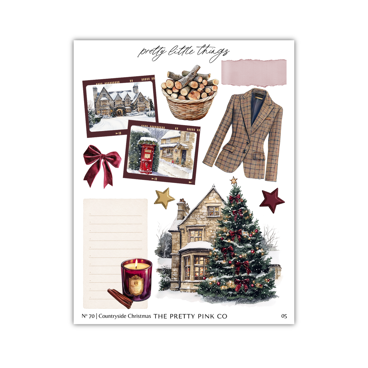 The image is a collage of various Christmas-themed items, including a fireplace, a Christmas tree, a basket of firewood, a coat, and a candle. The collage also includes a list of Christmas-related items and a house illustration.