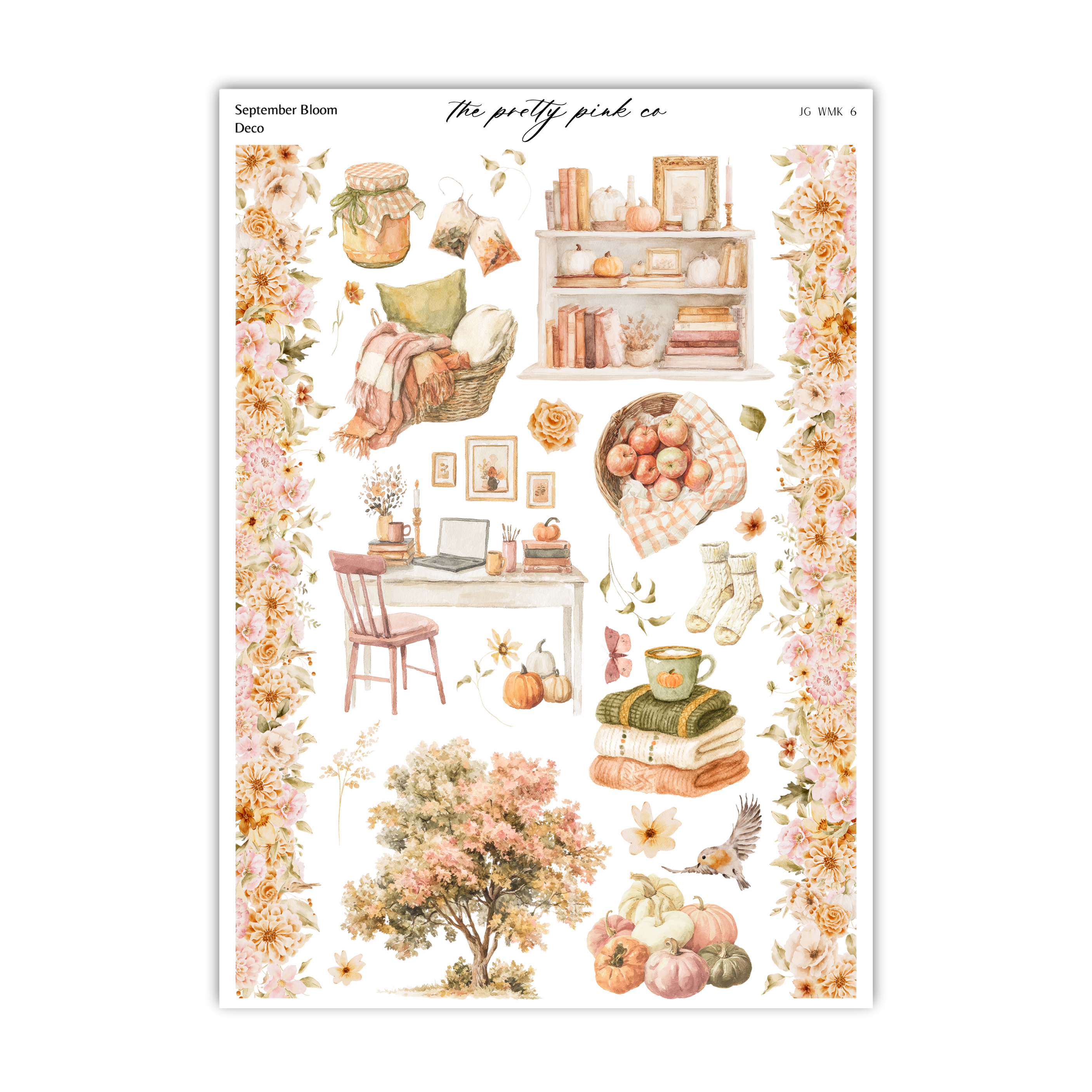 The image is a collage of various autumn-themed items, including a basket of apples, a bookshelf, a vase, a tree, and other seasonal objects.