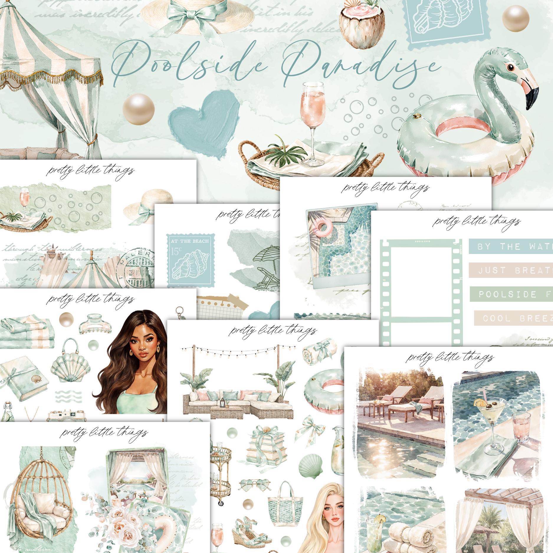 The image is a collage of various illustrations and designs related to "Poolside Paradise", including a pink flamingo, a beach scene, a pool, and other beach-related elements.