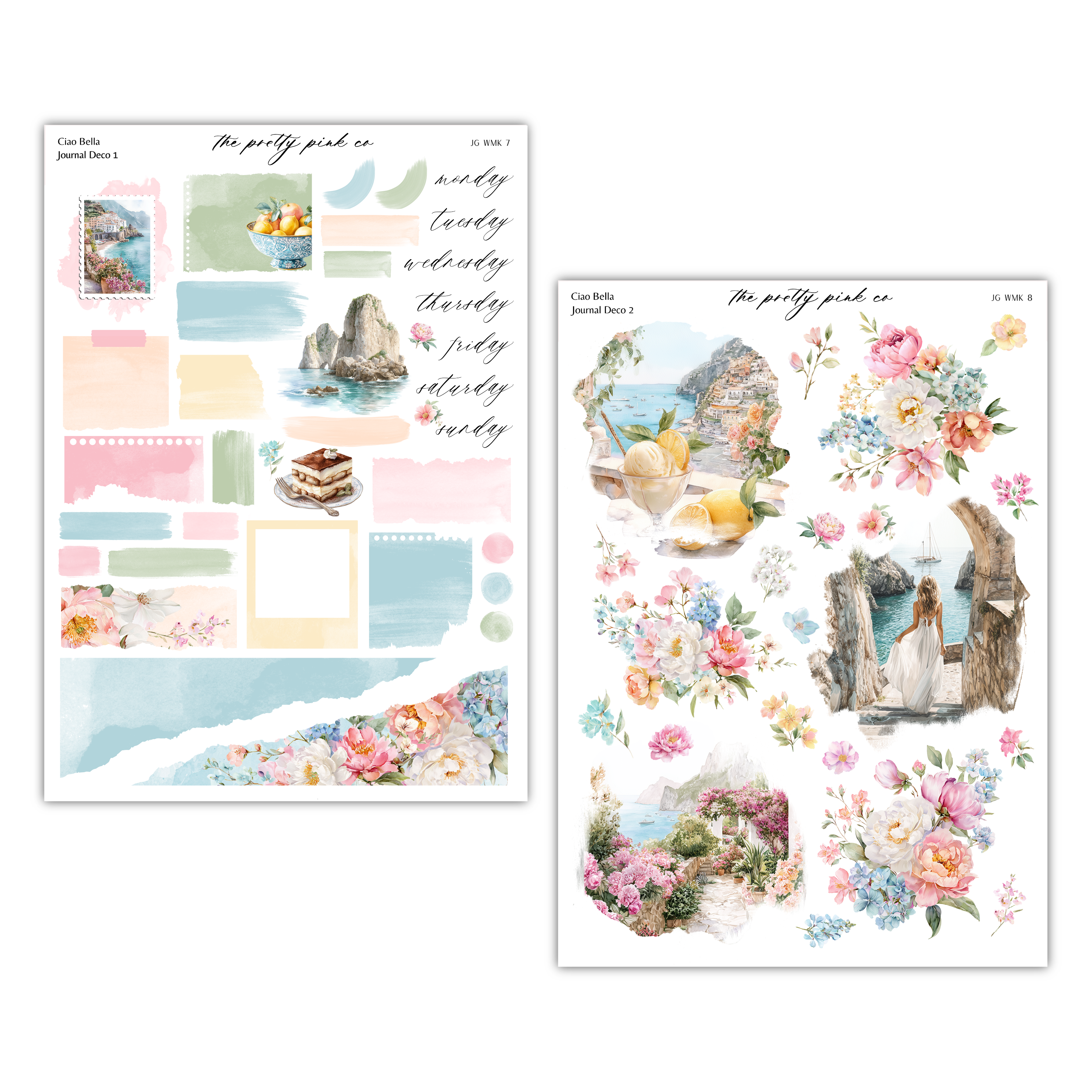 two separate images, each with a different background and floral design. The left image has a background with a watercolor-style depiction of a beach, while the right image features a floral design with a woman in a white dress.