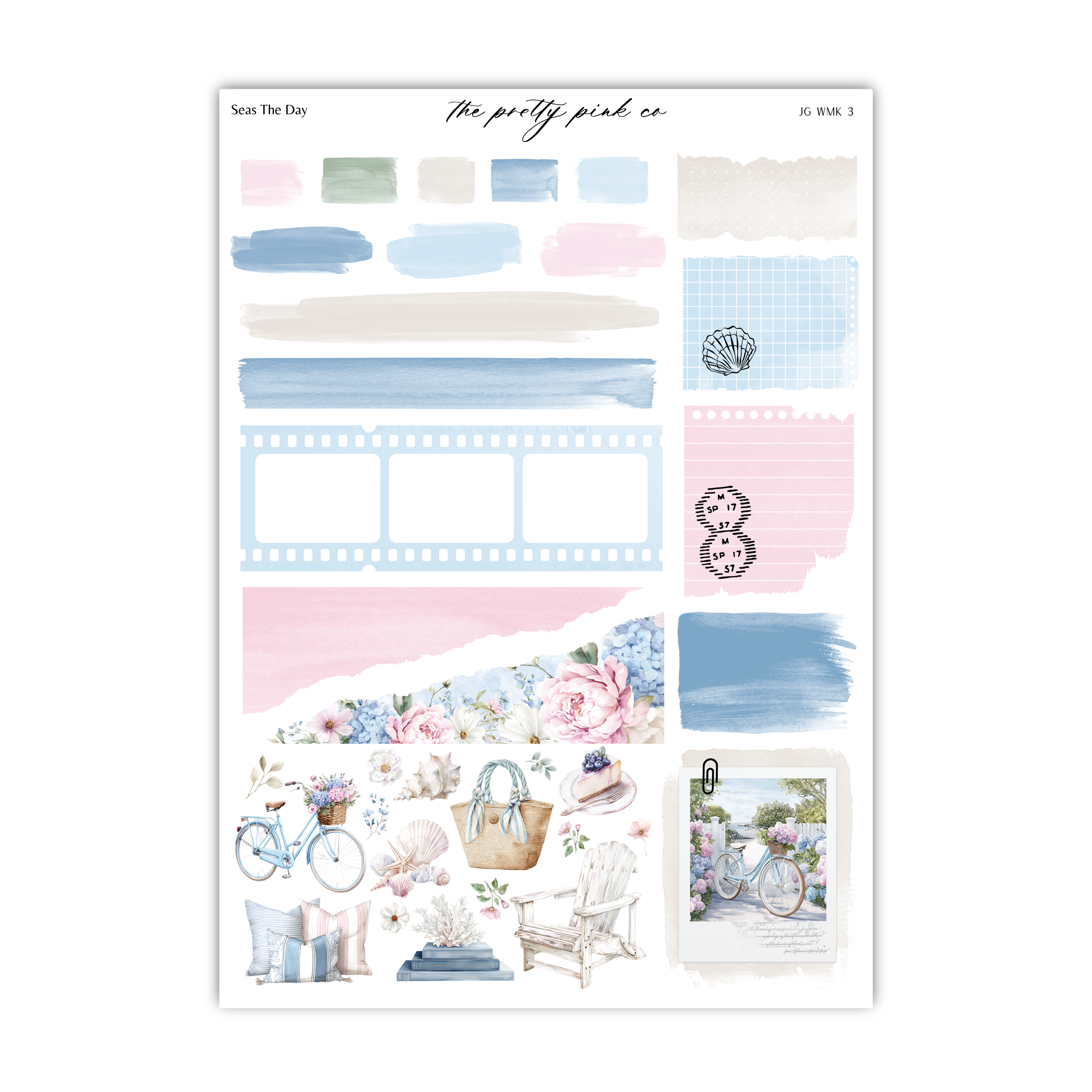 The image is a collage of various elements, including a bicycle, flowers, a shell, and a frame, all set against a background of pastel colors.