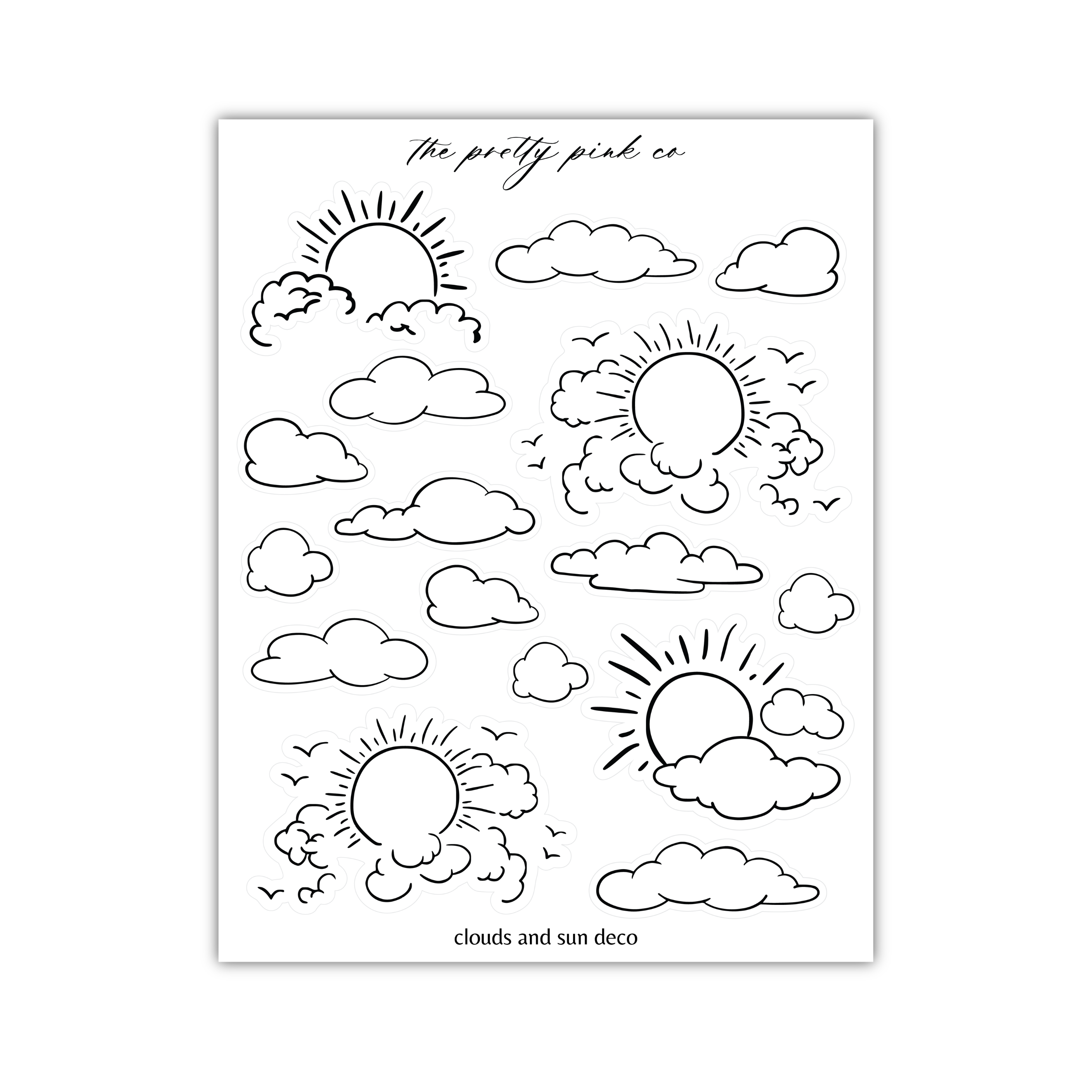 a black and white drawing of clouds and sun