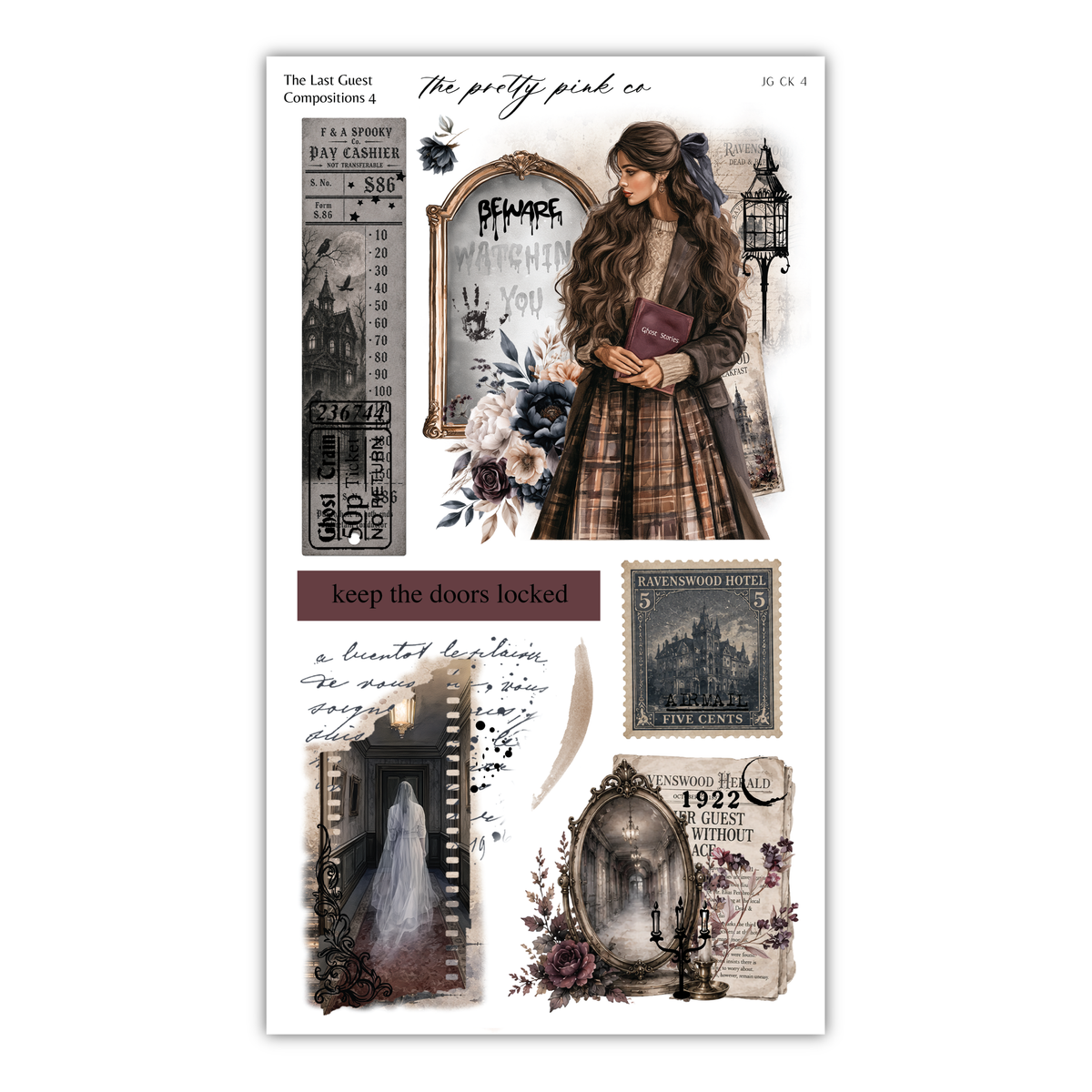 The image is a collage featuring various elements, including a woman in a long dress, a sign, a mirror, and a clock. The collage appears to be a creative and artistic representation of a scene or setting, with a focus on the woman and the surrounding elements.