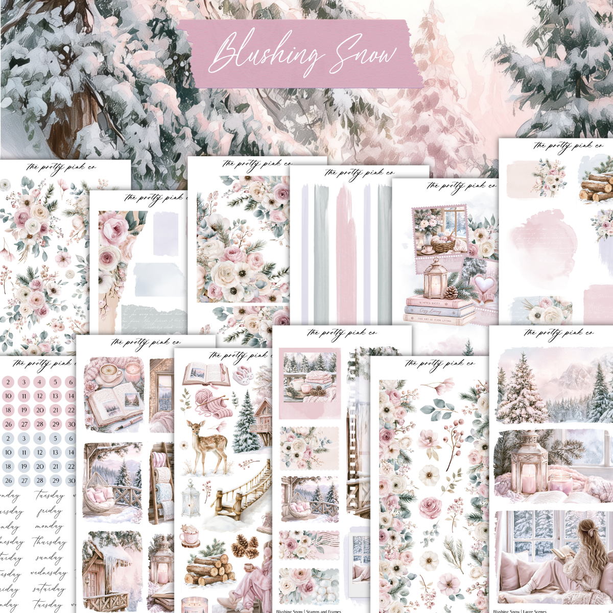 The image is a collage of various winter-themed images, including snow-covered trees, flowers, and cozy indoor scenes.