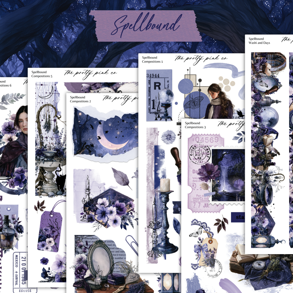 The image is a collage of various artistic elements, including floral and decorative motifs, as well as a person's portrait. The overall color scheme is predominantly purple and blue, with accents of white and black. The collage appears to be a creative and visually appealing composition, showcasing a diverse range of artistic styles and techniques.