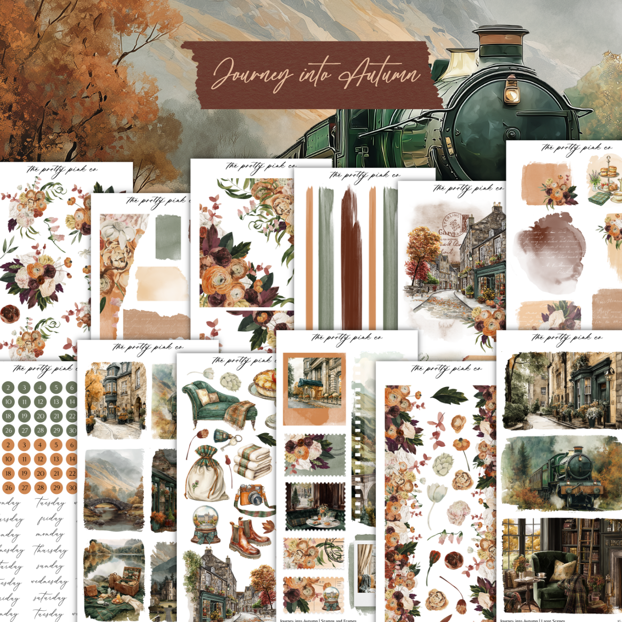The image is a collage of various autumn-themed elements, including a train, flowers, buildings, and other seasonal motifs.