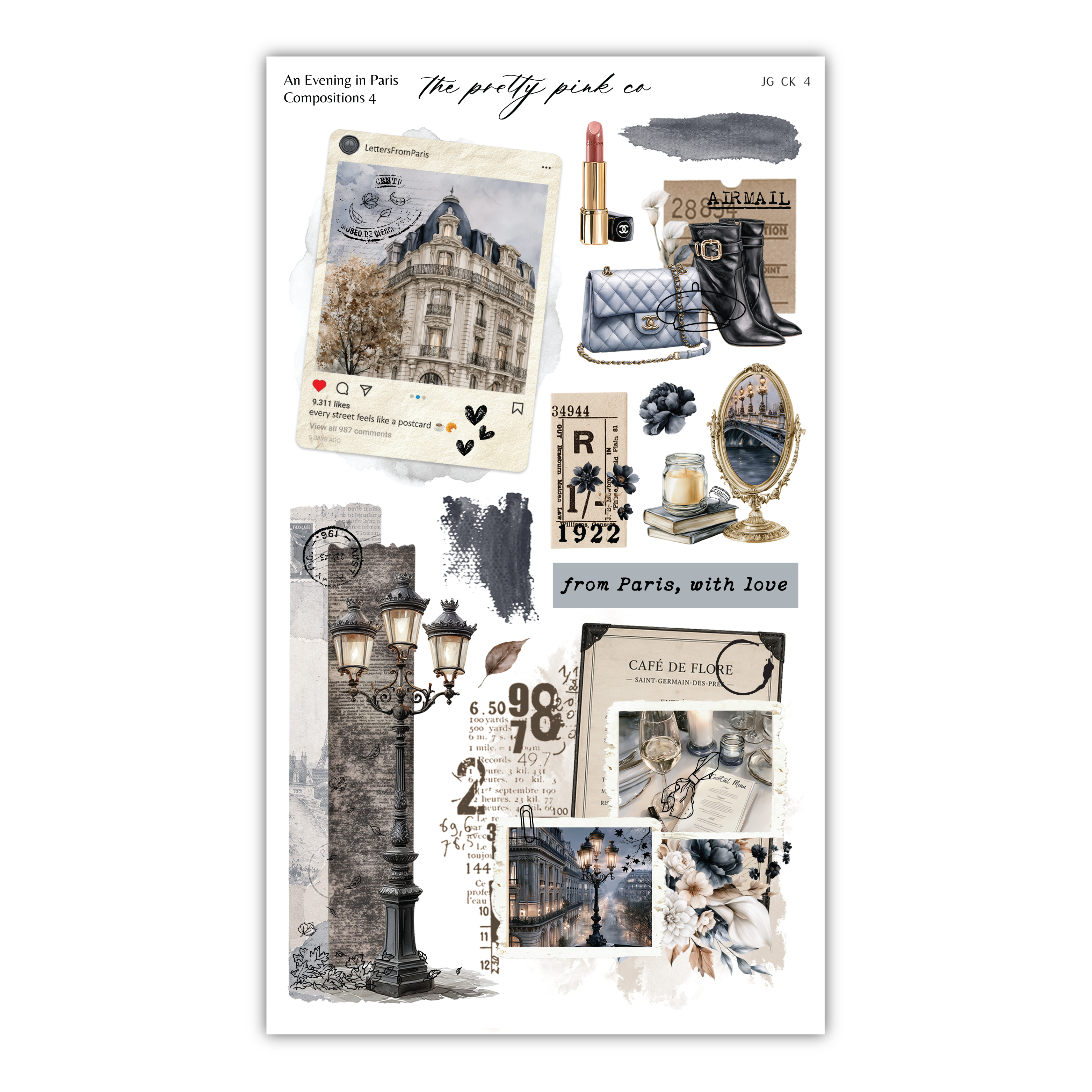 The image is a collage of various elements, including a building, a clock, a lamp, a mirror, and other decorative items, all arranged in a visually appealing manner.