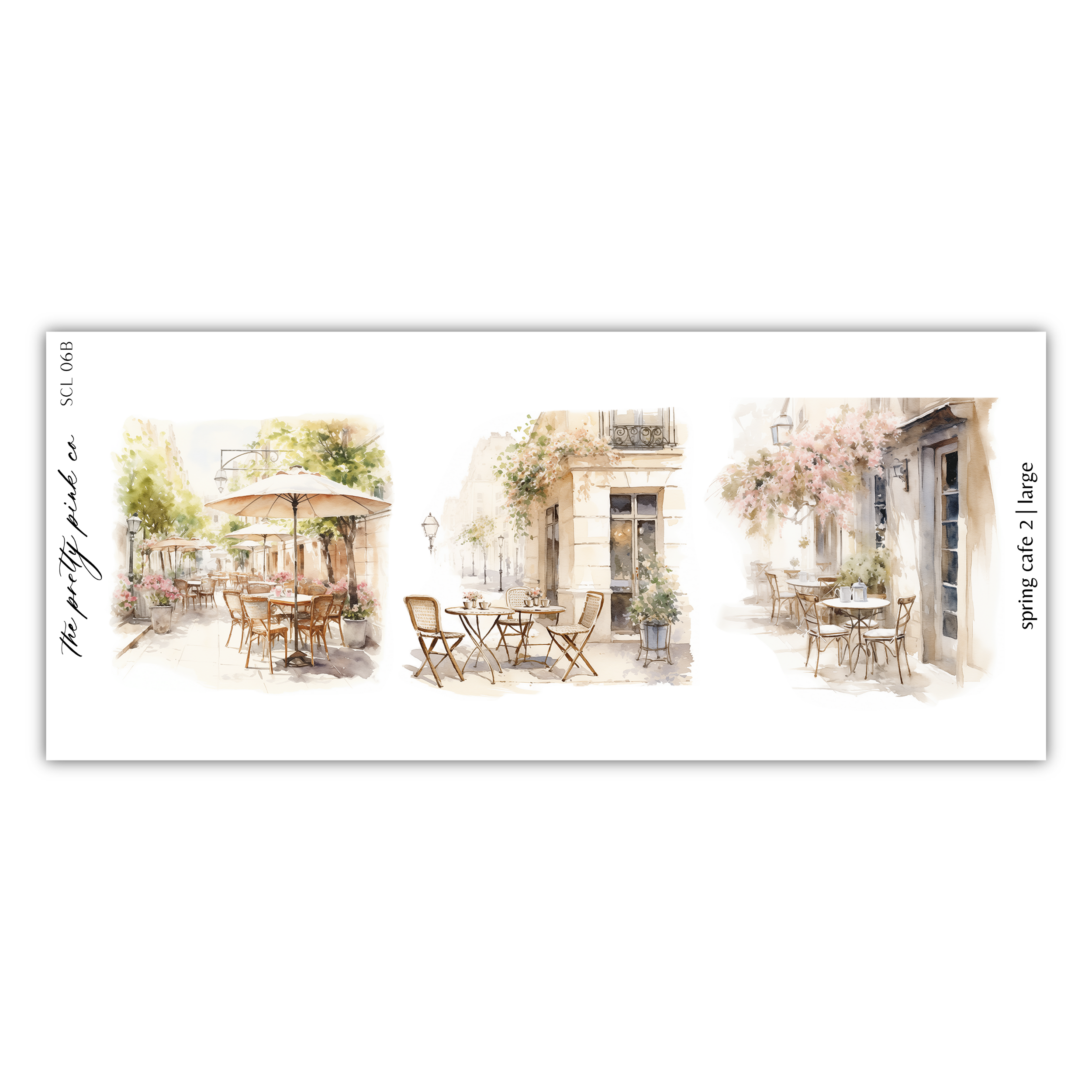 a watercolor painting of a cafe with tables and umbrellas