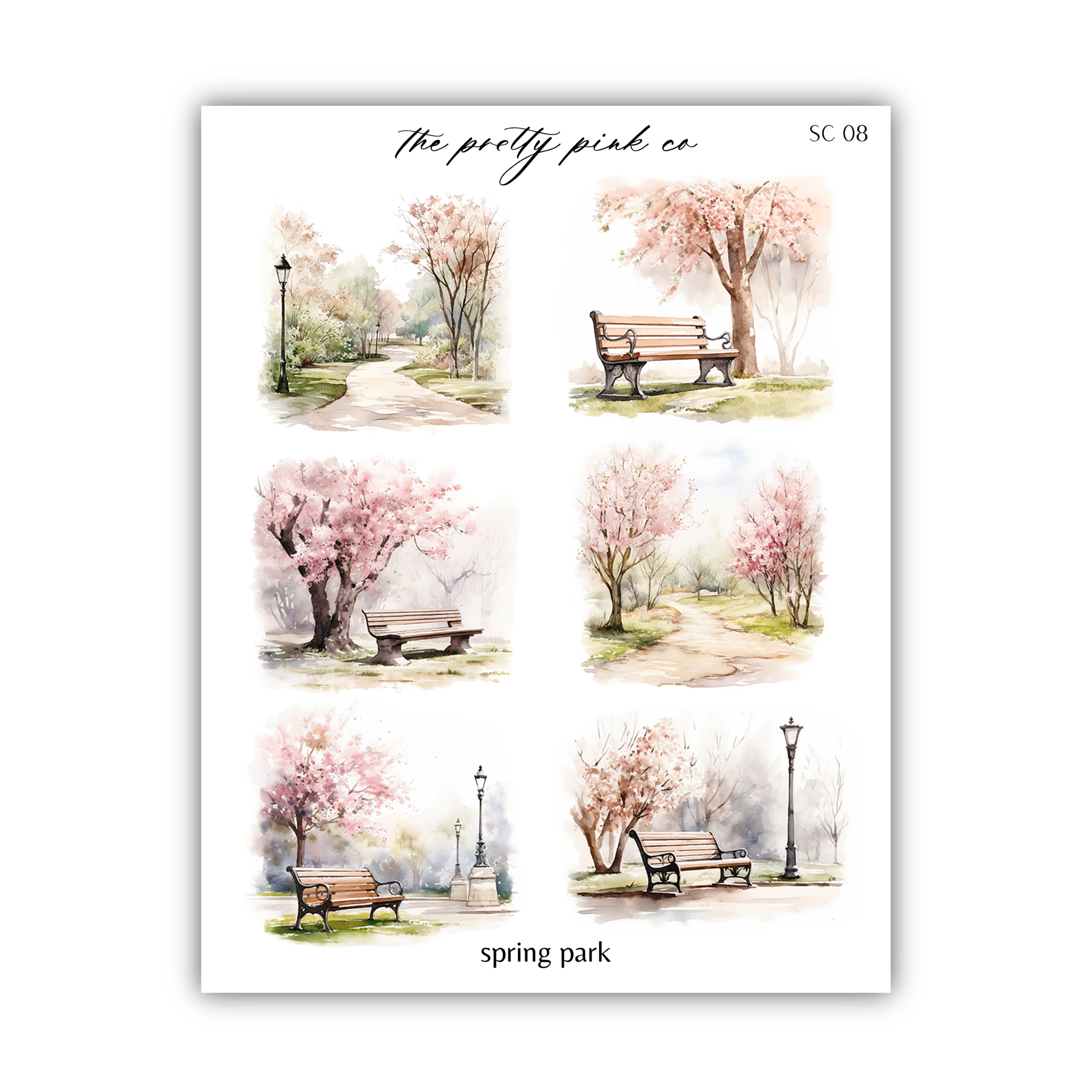 a drawing of a park with benches and trees