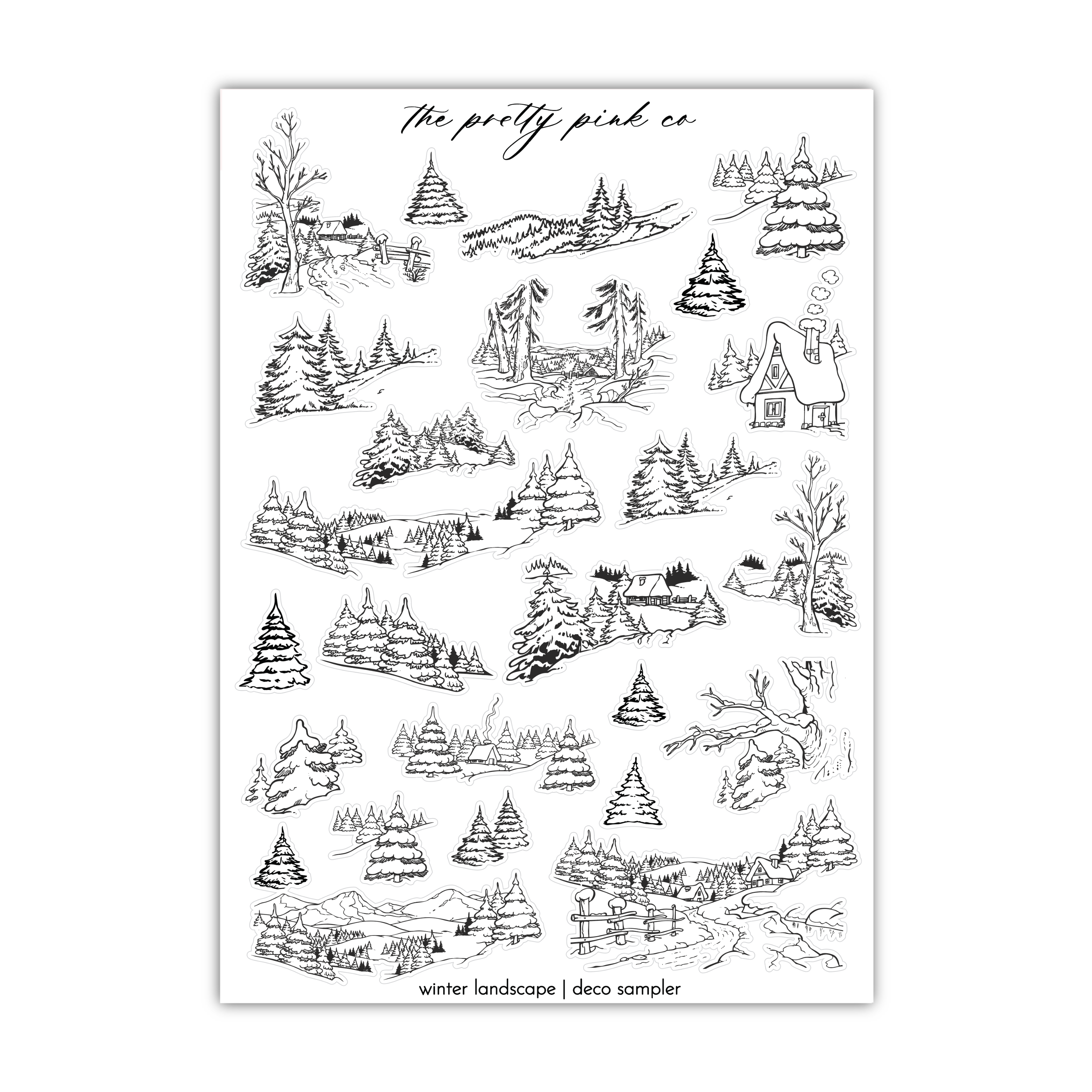 a black and white drawing of a snowy landscape