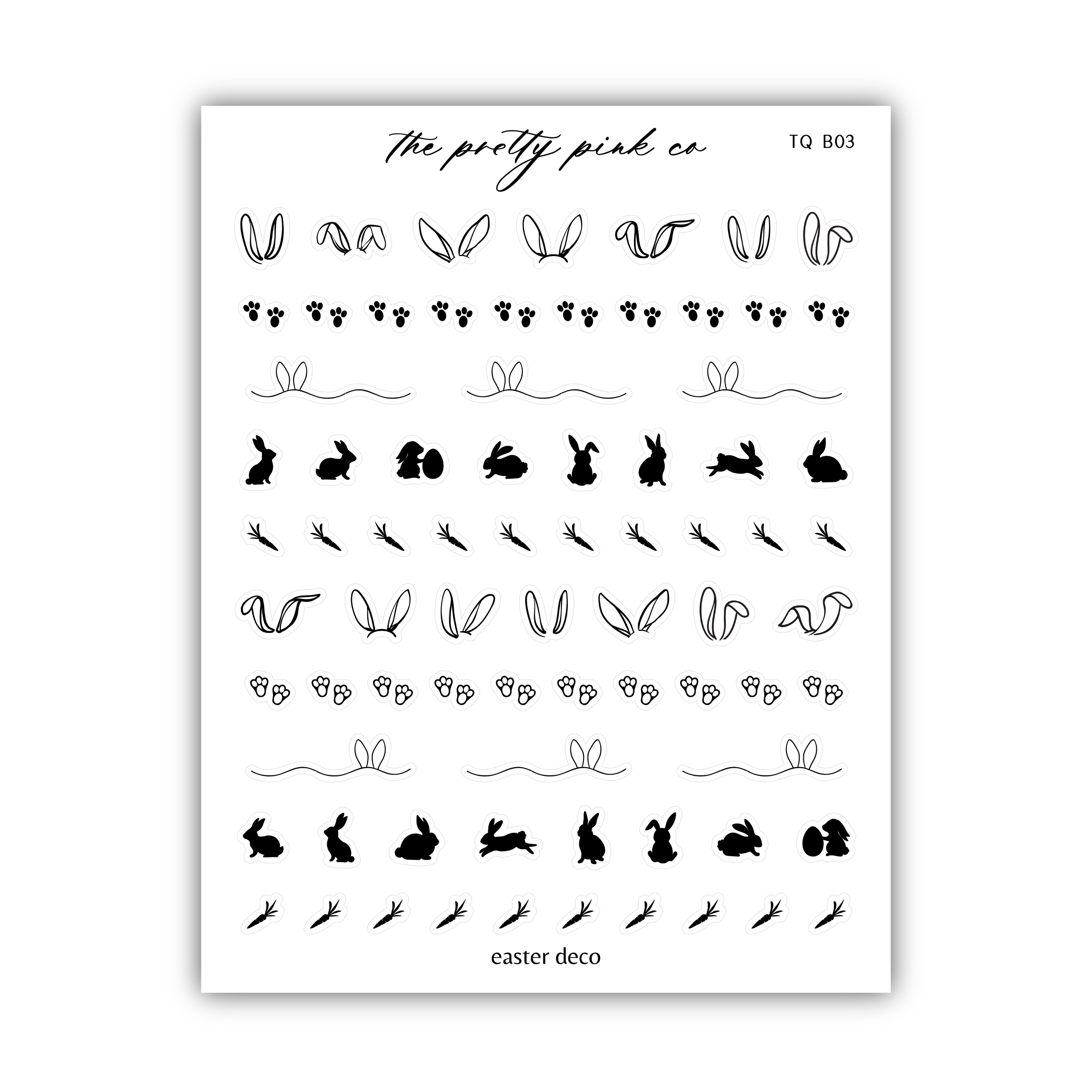 a sheet of black and white stickers with rabbits