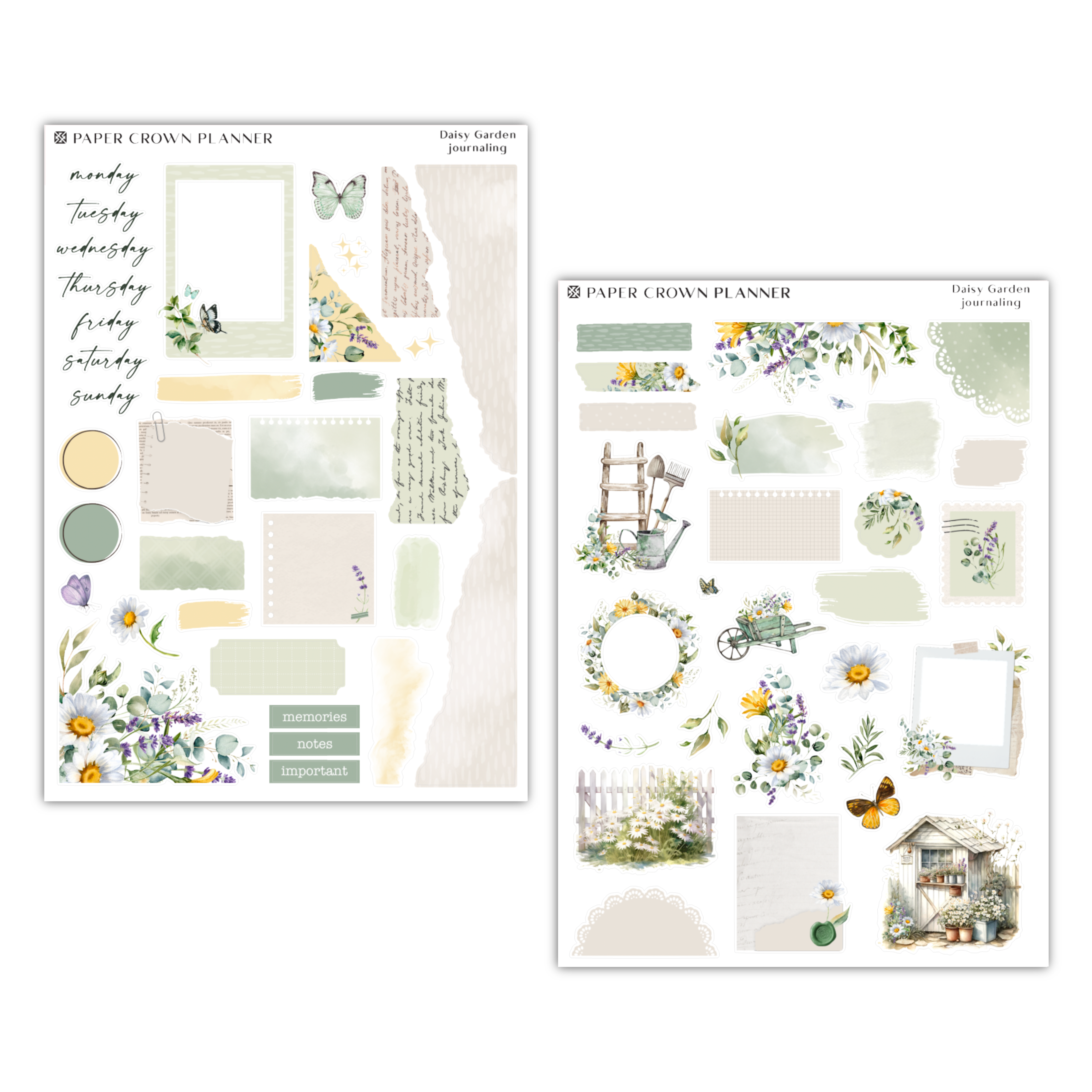 two sheets of paper with flowers and other items
