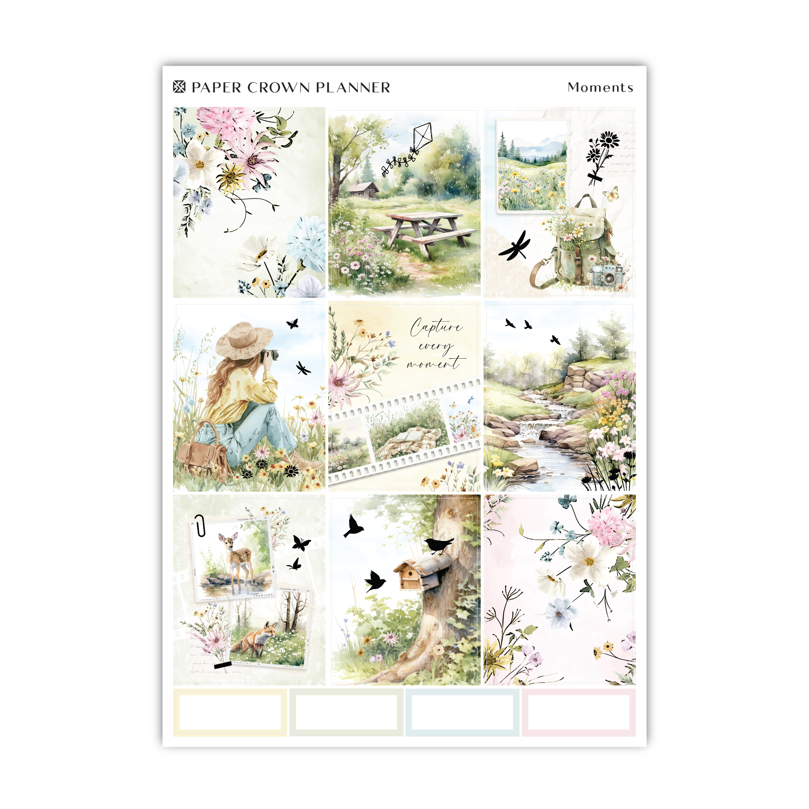 a sticker sheet with a picture of a girl sitting on a bench