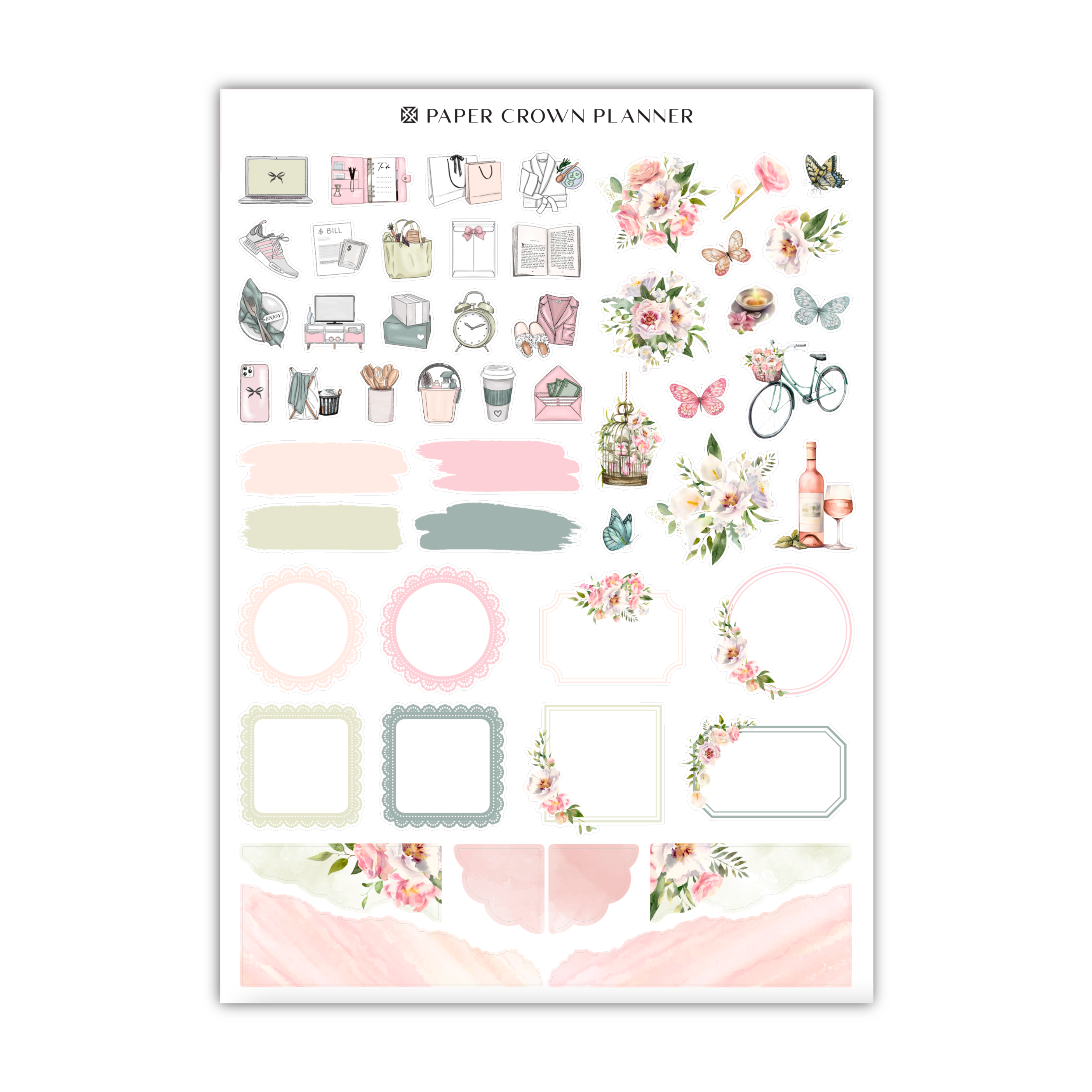 a sticker sheet with flowers and a bicycle