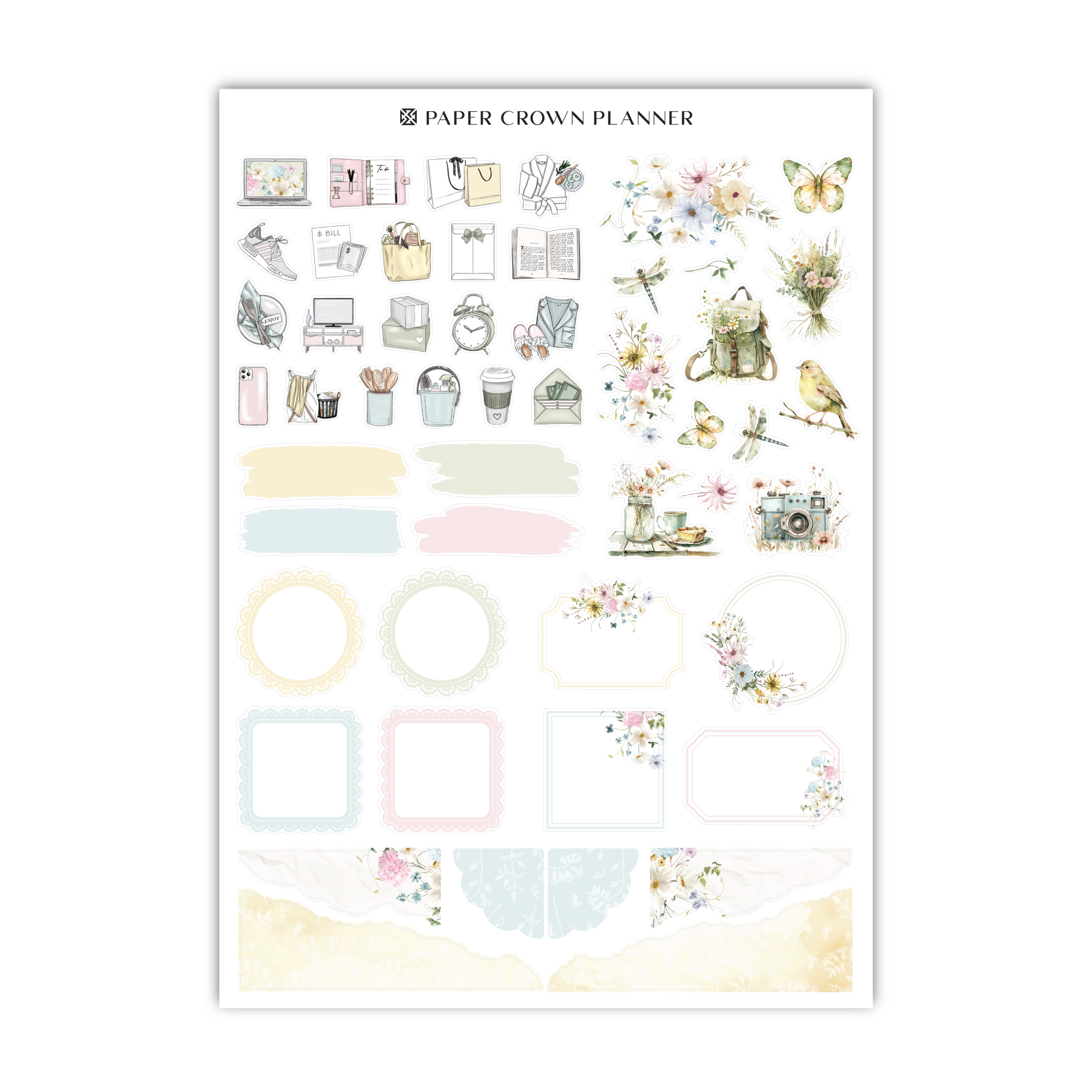 a sheet of paper with flowers and birds on it