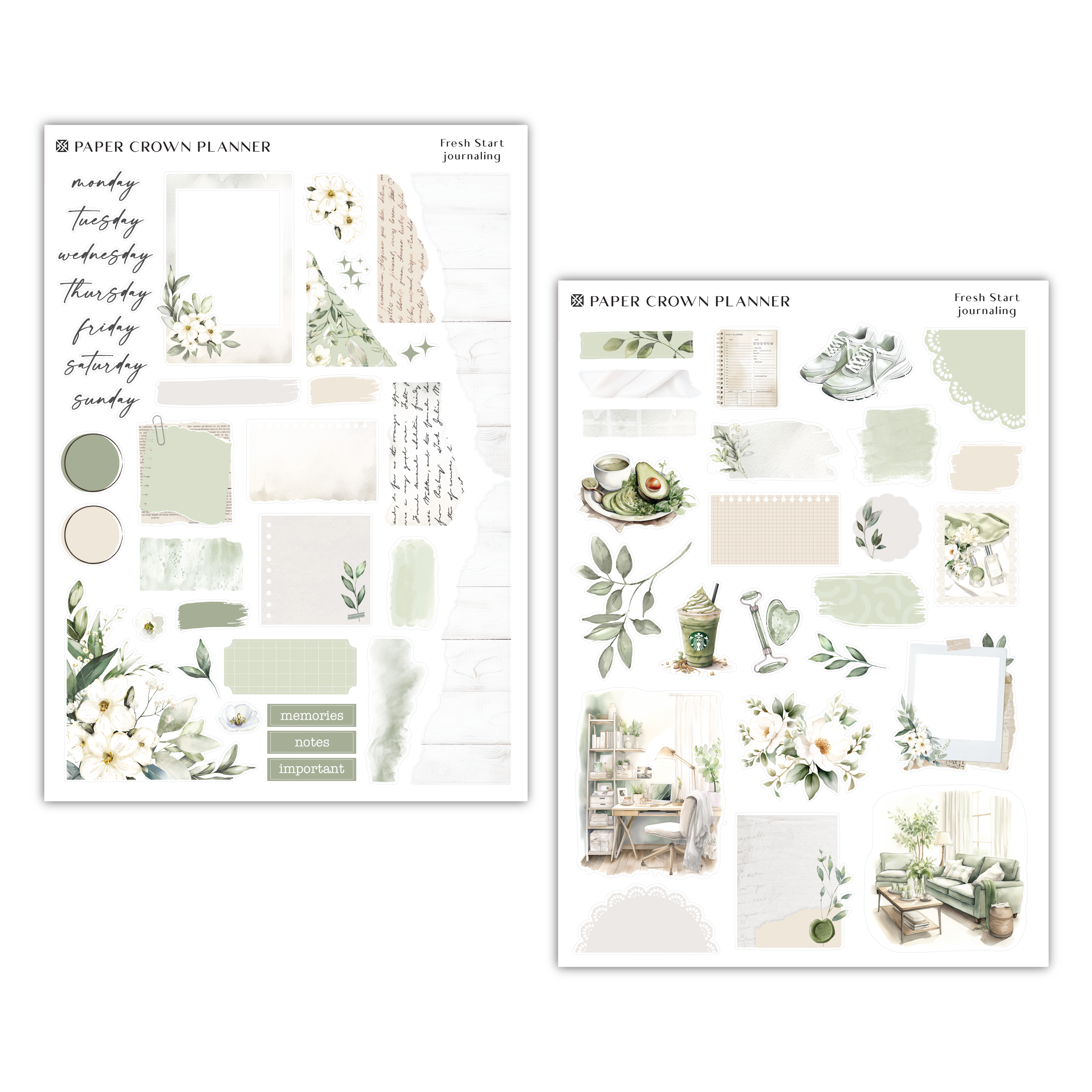 two sheets of paper with flowers and plants on them