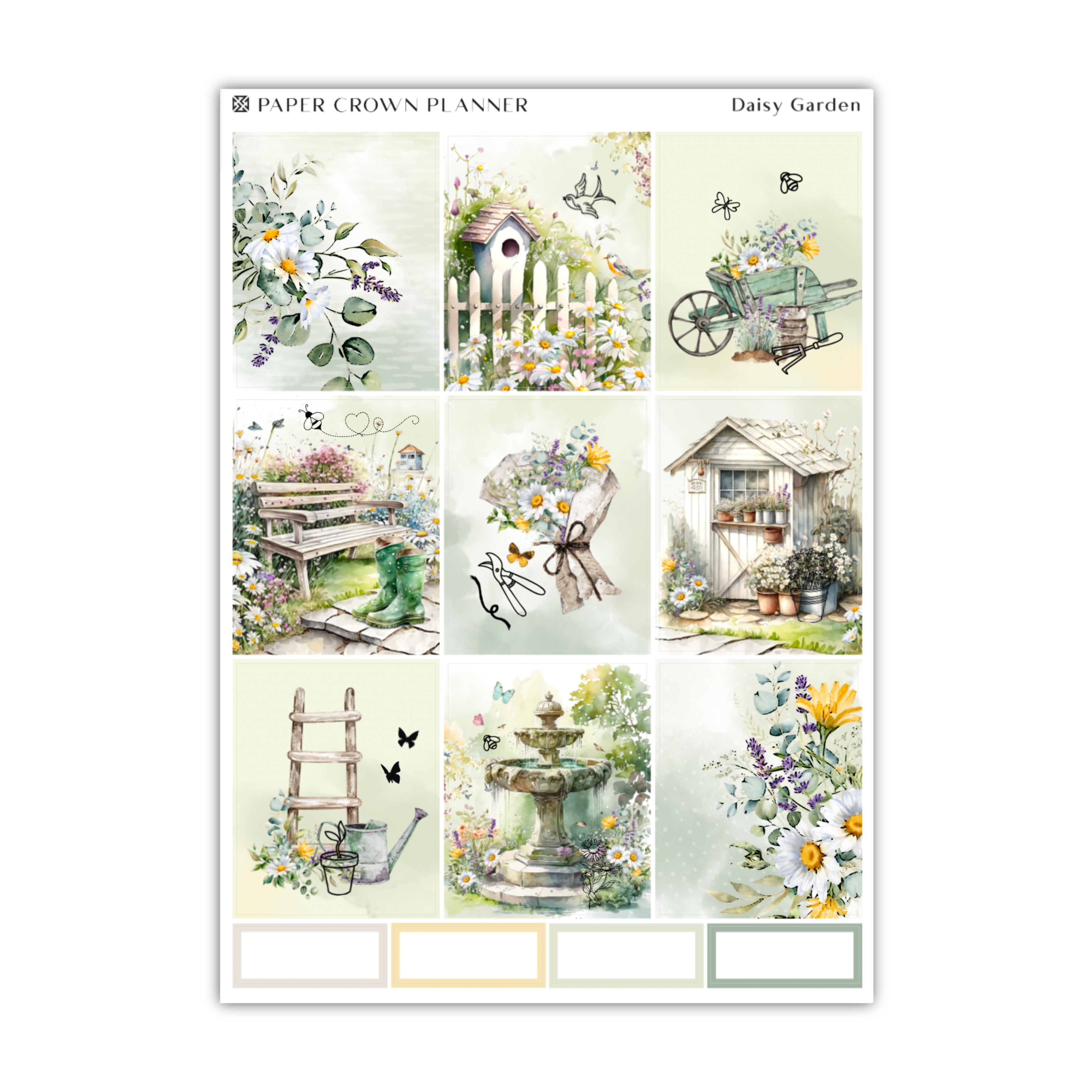 a sheet of stickers with flowers and a house