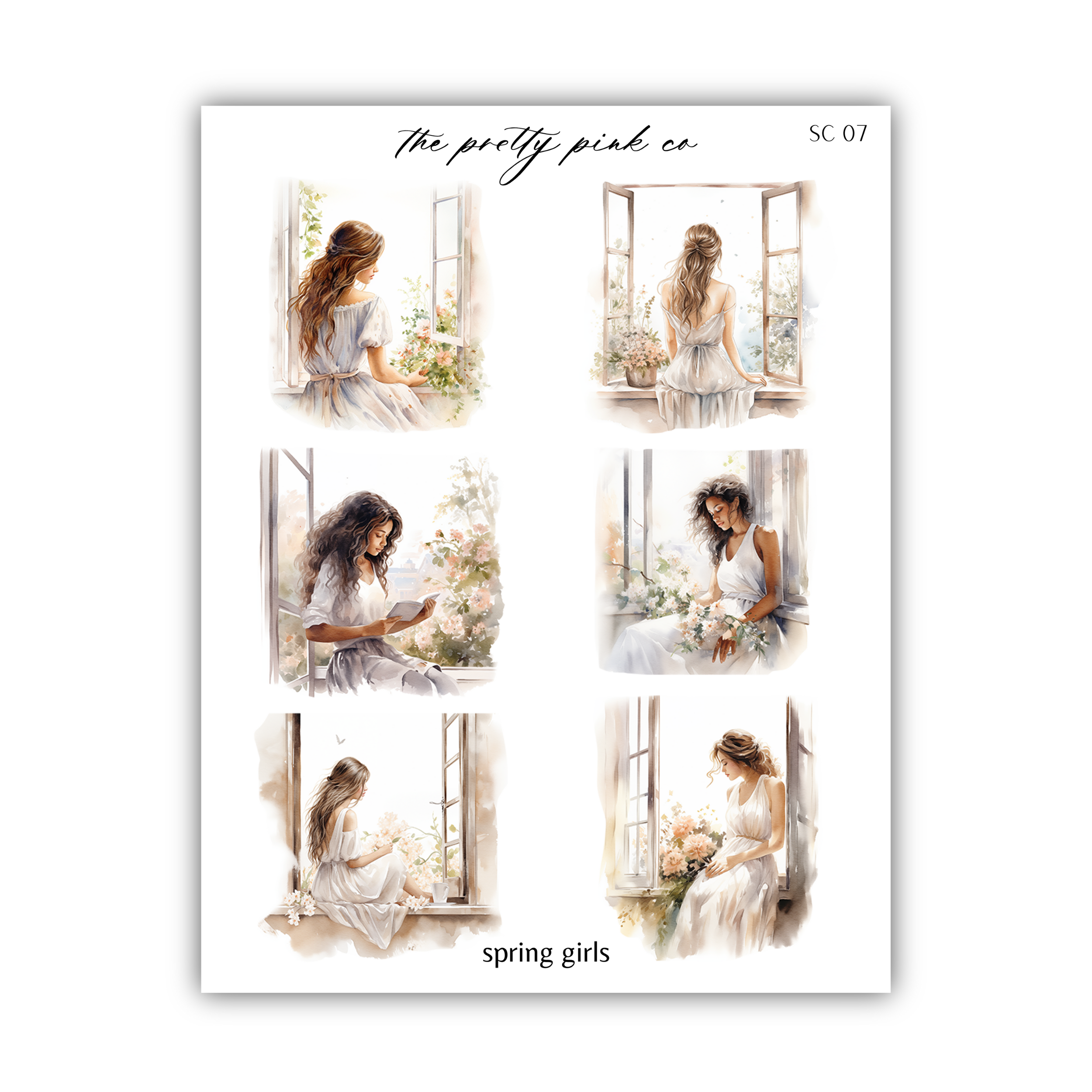a sheet of stickers with a woman sitting on a window sill