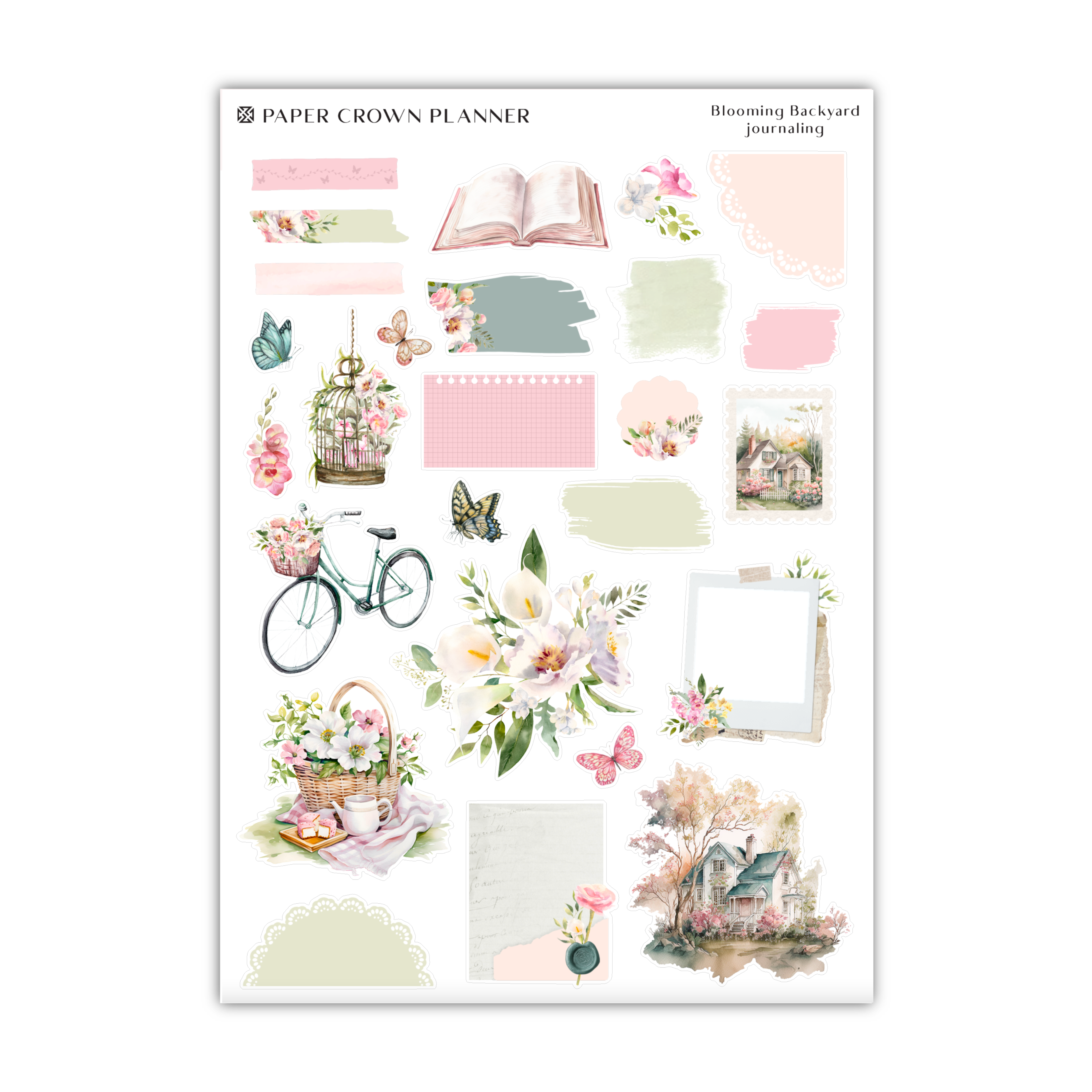 a sticker sheet with flowers and a bicycle
