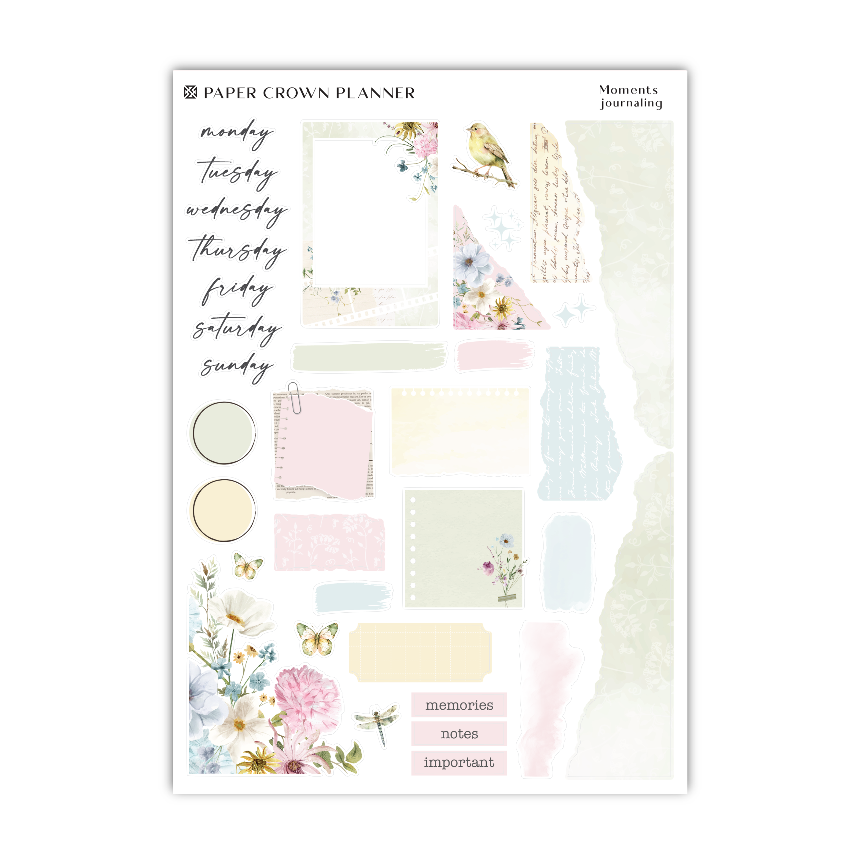 a sheet of paper with flowers and birds on it