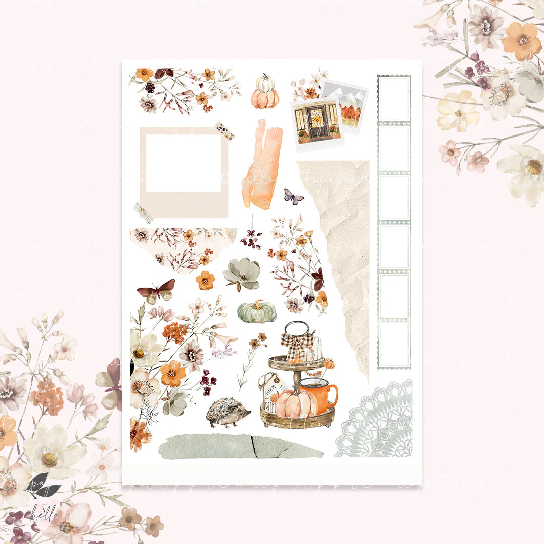 The image is a collage of various autumn-themed elements, including pumpkins, flowers, and a house, all set against a pink background.