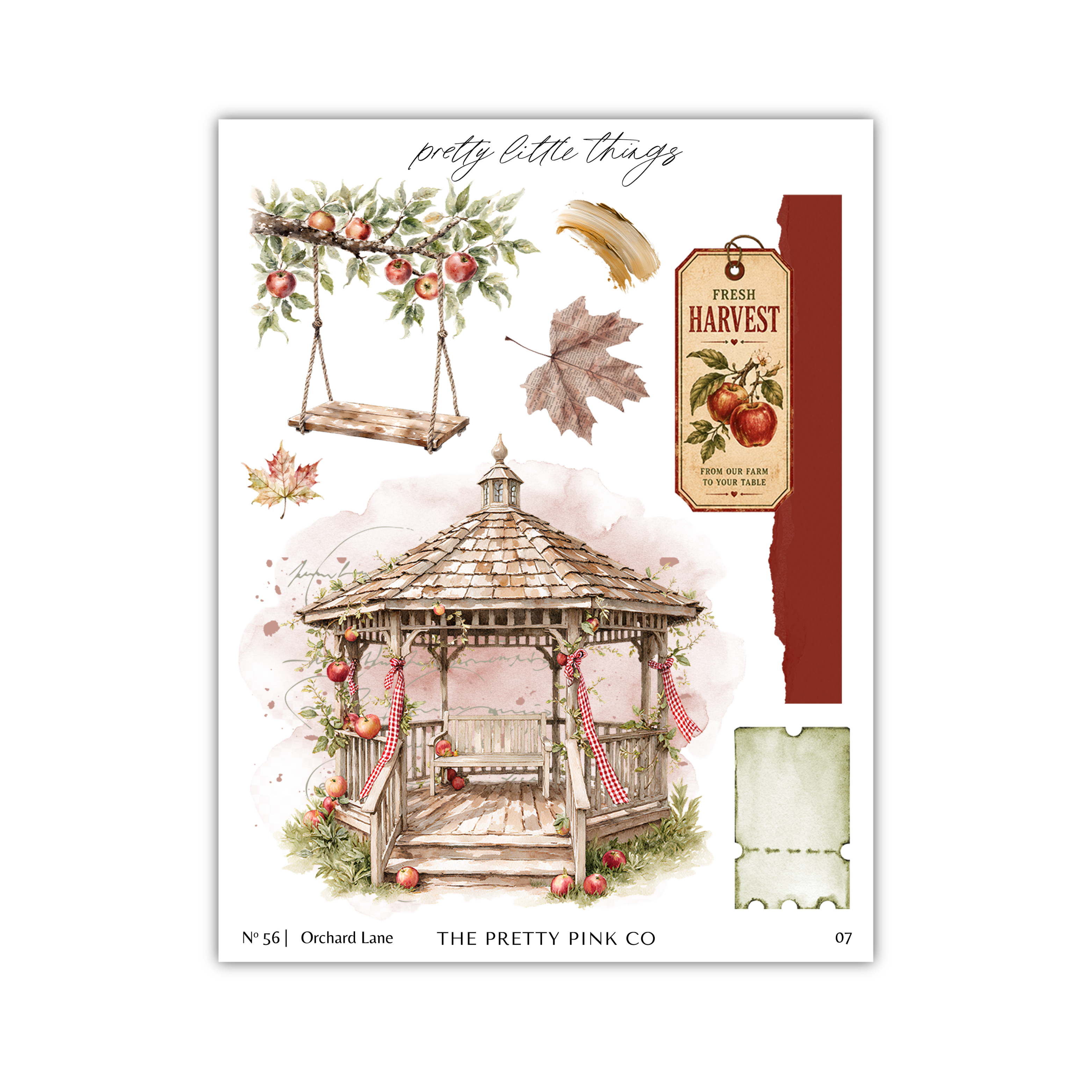 The image is a collage of various autumn-themed elements, including a gazebo, apples, leaves, and a swing. The collage is titled "pretty little things" and includes a tag that says "FRESH HARVEST" and "FROM OUR OWN TREE".