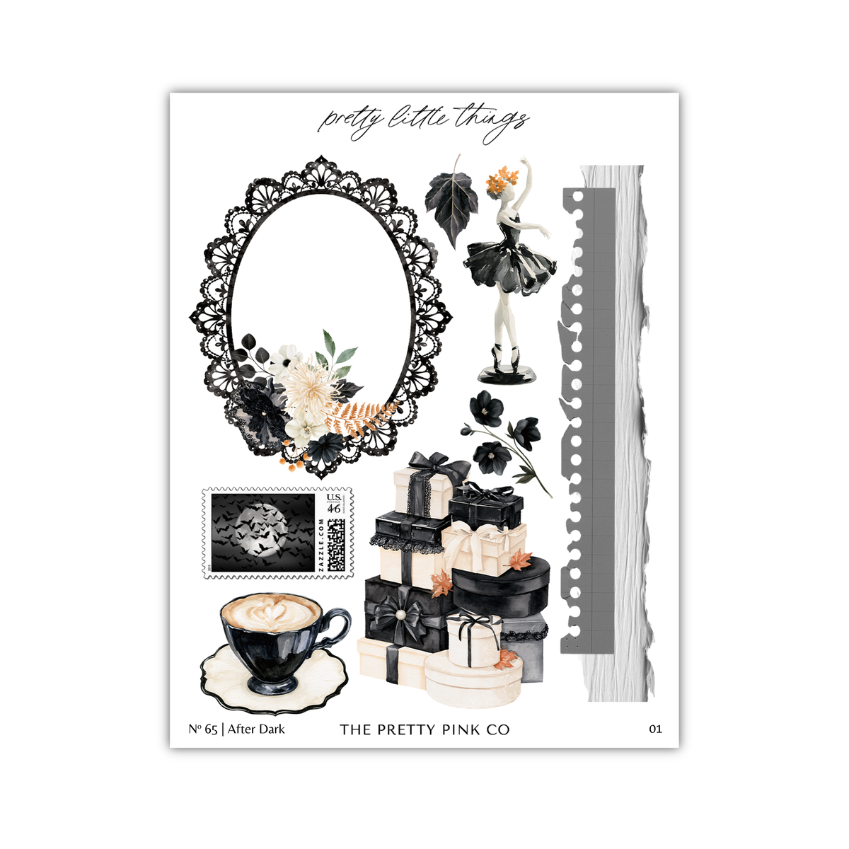 The image is a collage of various decorative elements, including a lace frame, a figurine, a teapot, and a stack of gift boxes. The collage is titled "pretty little things" and includes a postcard, a stamp, and a teacup. The image is a compilation of different artistic and decorative elements, showcasing a variety of styles and themes.