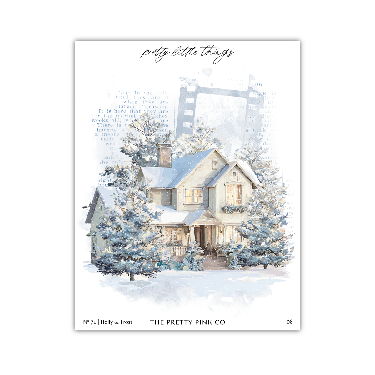 a charming two-story house with a wrap-around porch, surrounded by snow-covered trees. The house has a quaint, rustic appearance, with a chimney and a small porch. The scene is set in a snowy landscape, creating a serene and picturesque winter atmosphere.