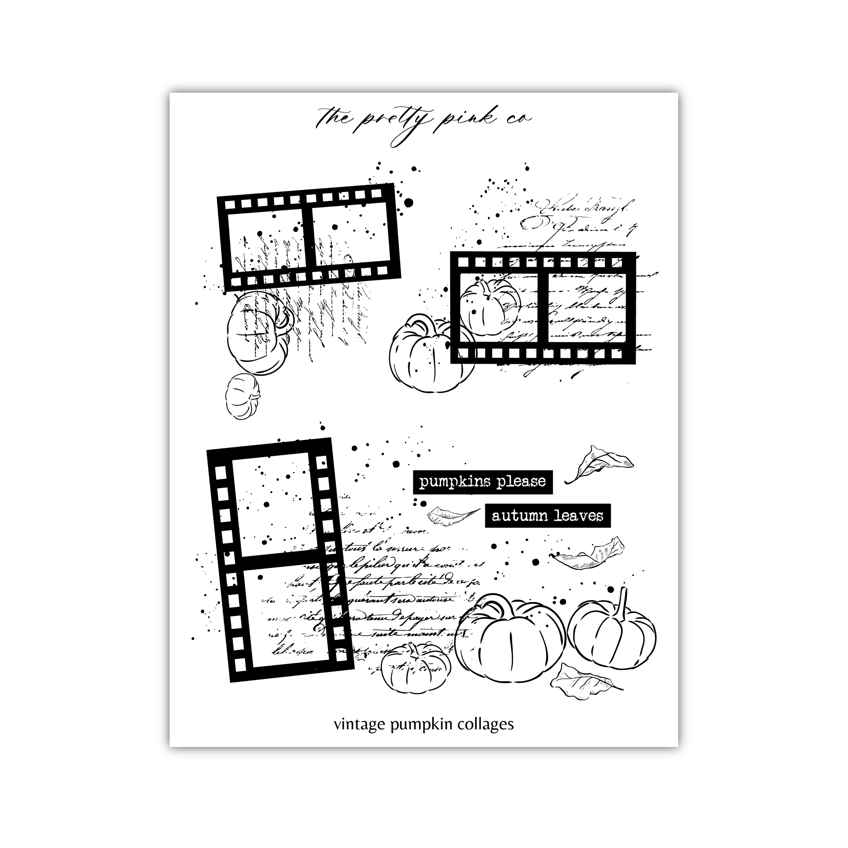 The image is a black and white collage featuring various elements such as film frames, pumpkins, autumn leaves, and other decorative elements. The collage appears to be a creative and artistic composition, with the use of black and white tones adding a timeless and classic feel to the overall design.