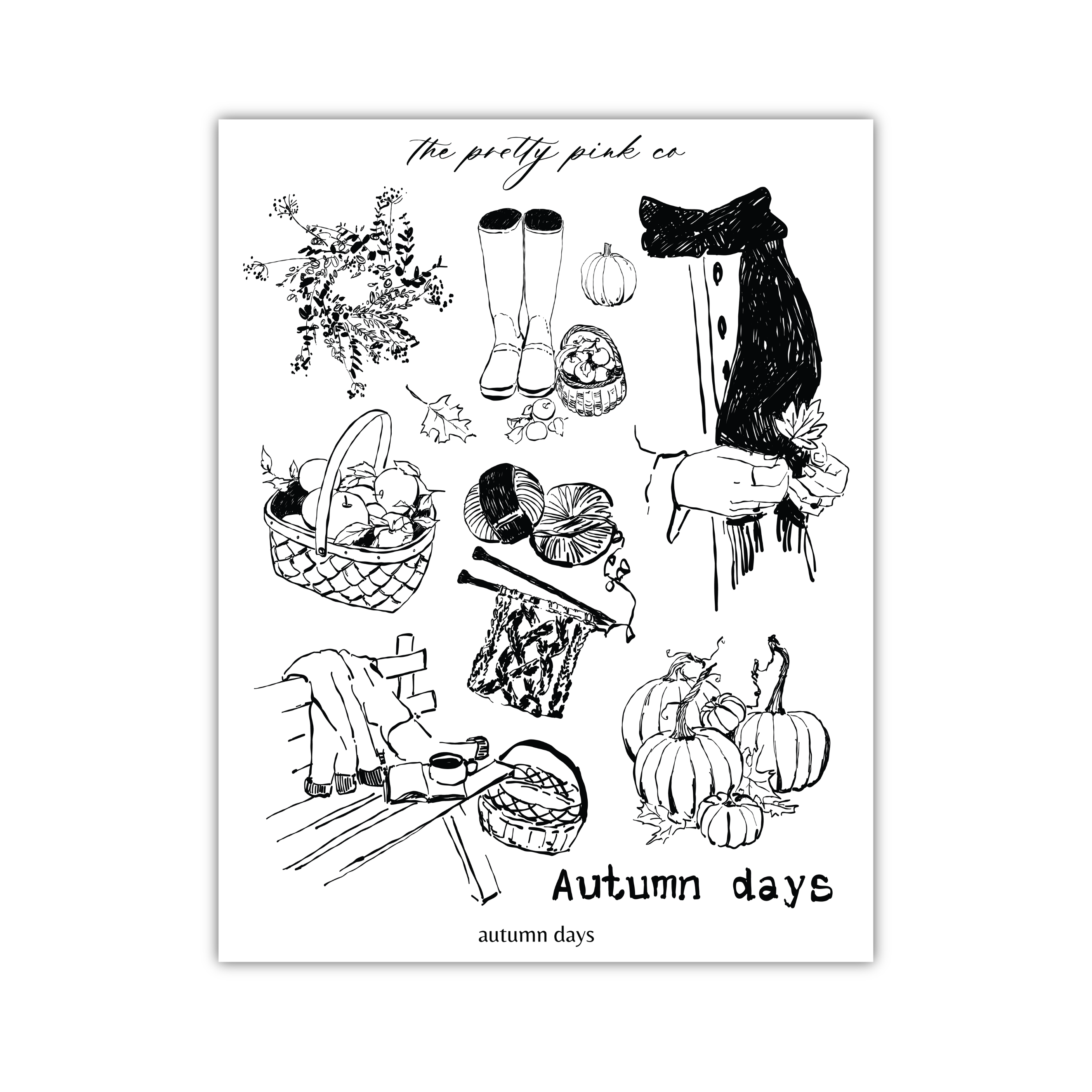 The image is a black and white illustration depicting various autumn-themed objects and activities, including boots, pumpkins, a basket, a scarf, and a bench.