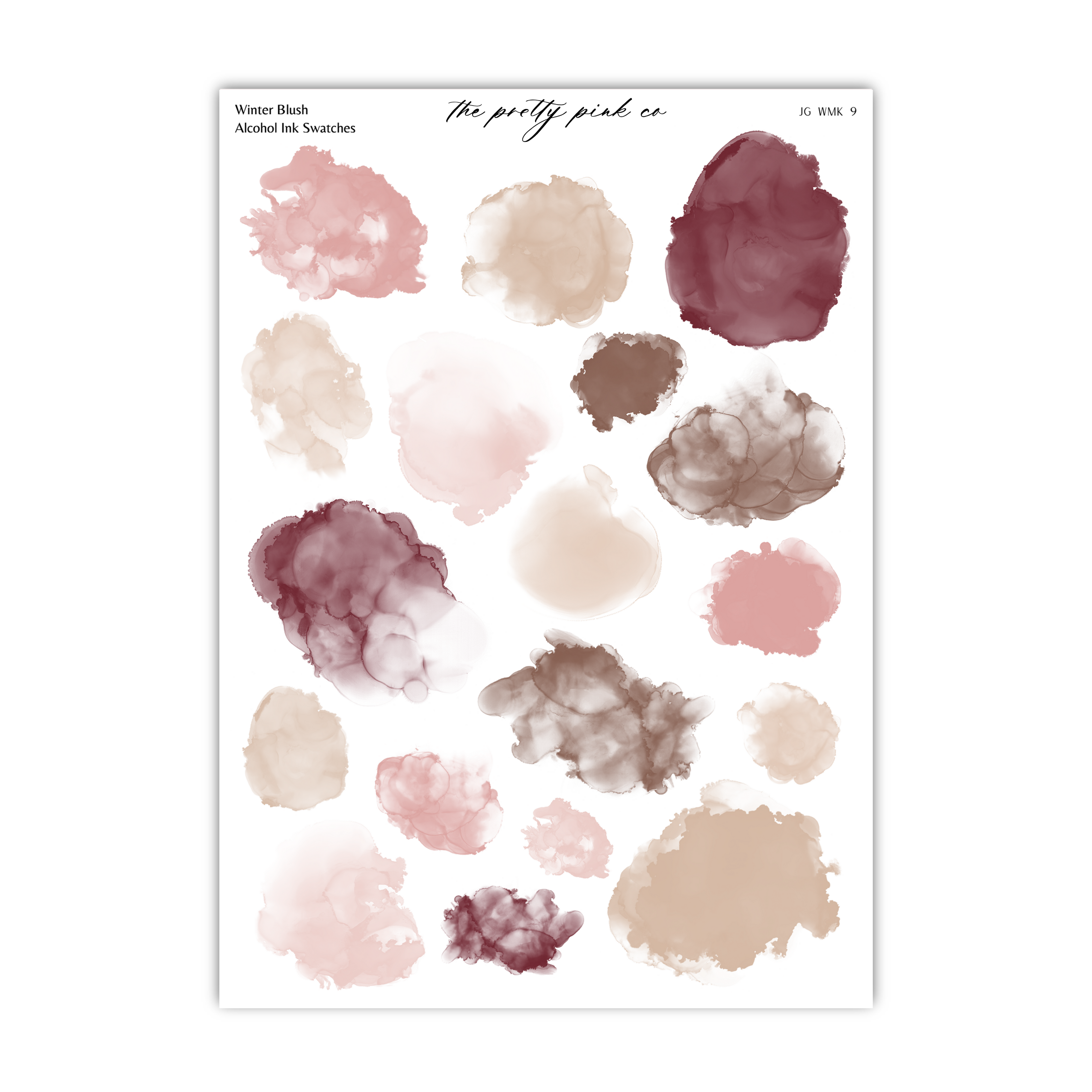 a collection of abstract watercolor brush strokes in various shades of pink, burgundy, and beige, arranged in a grid-like pattern.