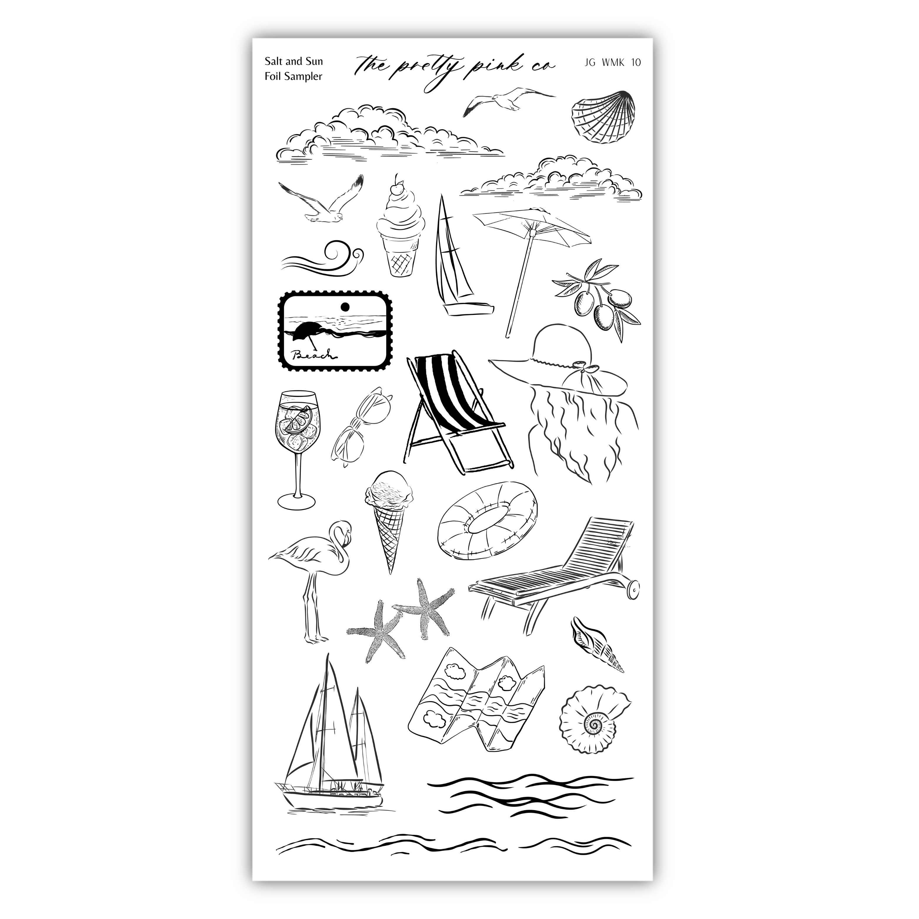 various black and white illustrations of beach-related objects and activities, such as a sailboat, umbrella, beach chair, and seashells.