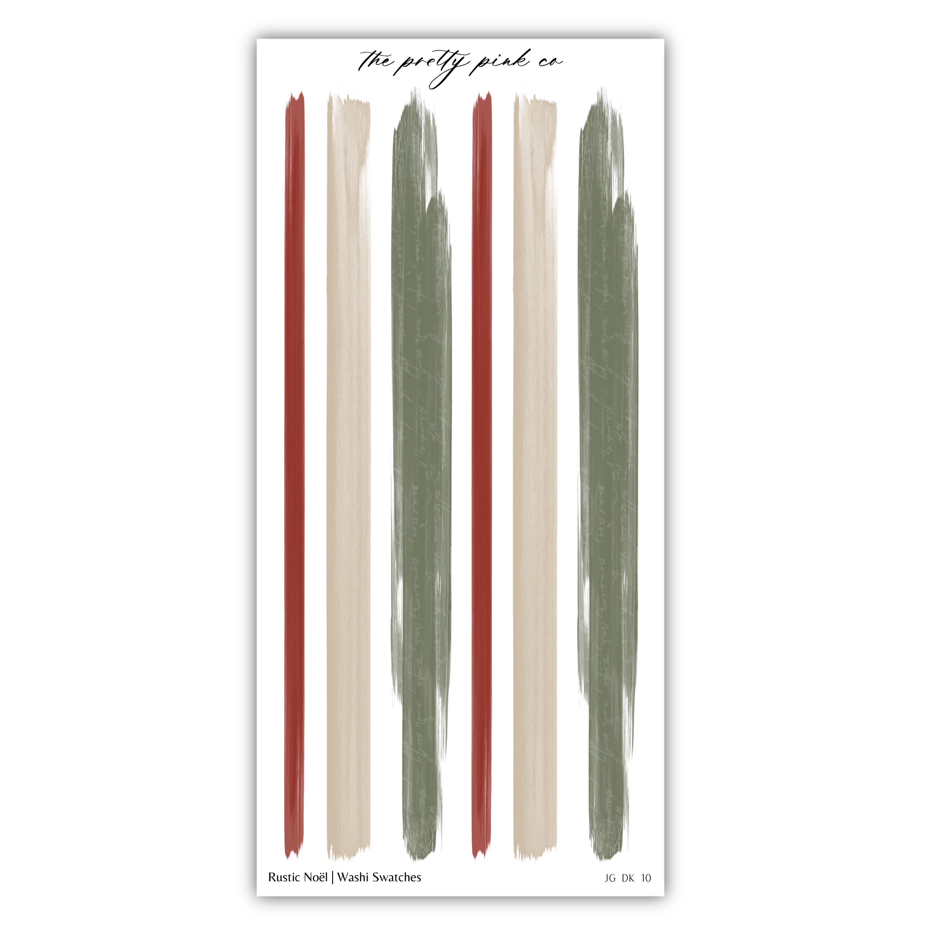 The image is a collage of abstract brushstrokes in various colors, including red, green, and beige, arranged in a vertical line.