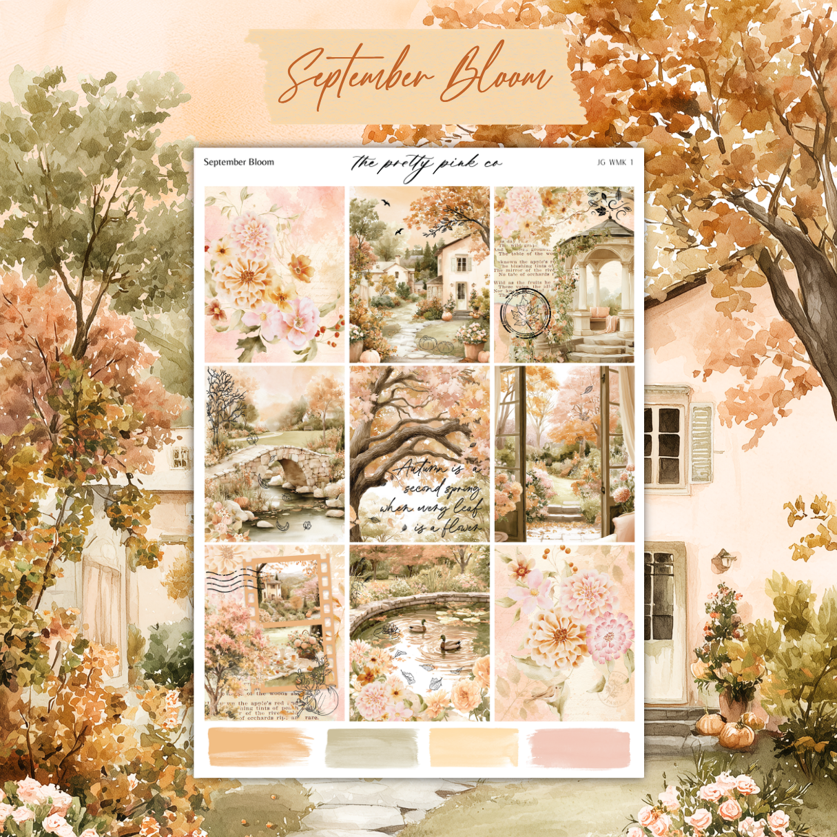 The image is a collage of various autumn-themed scenes, including a garden, a house, and a bridge. The collage is surrounded by a floral border, and the text "September Bloom" is displayed at the top.
