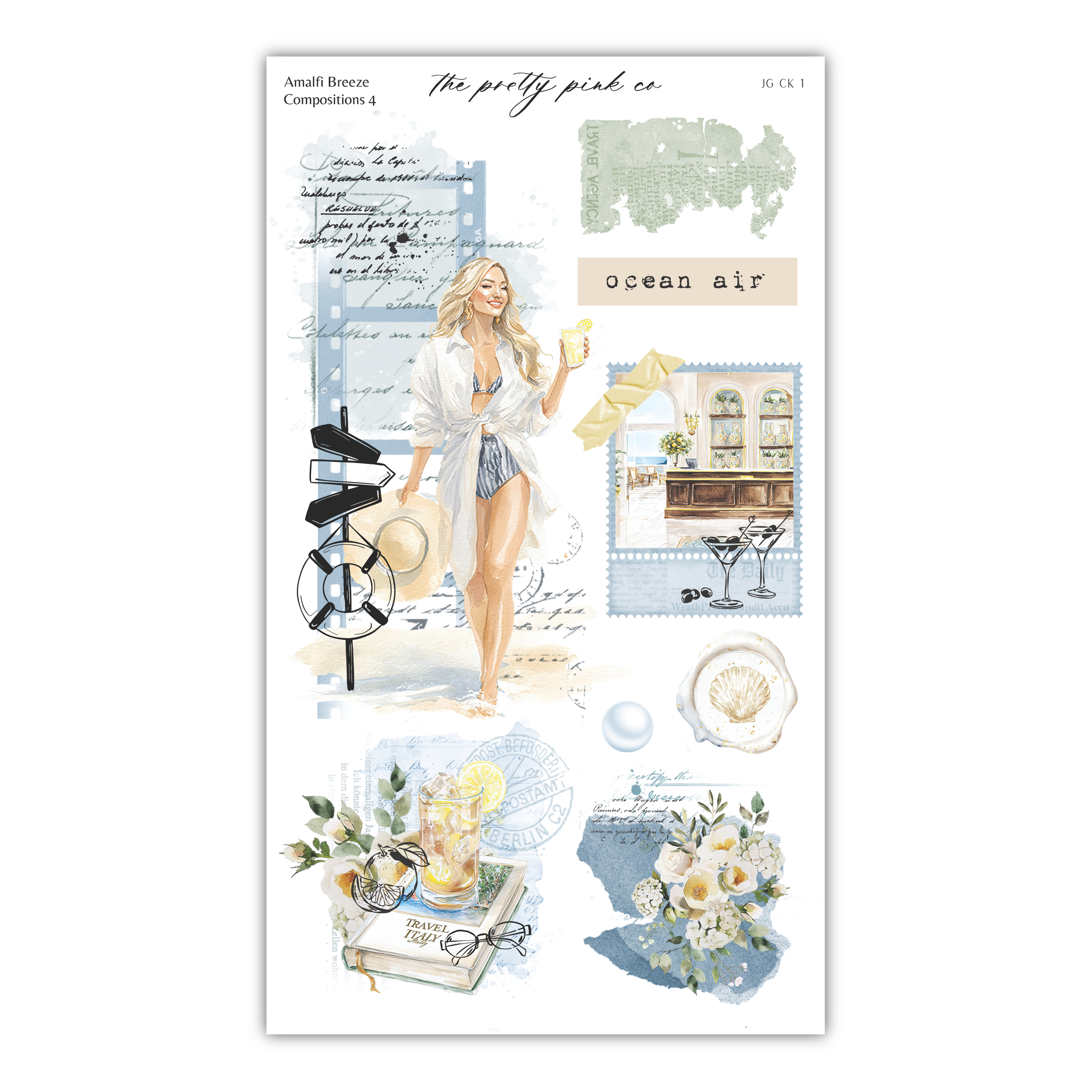 The image is a collage of various elements, including a woman in a white dress, a fan, a seashell, a cocktail glass, and a book. The collage appears to be a creative and artistic representation of a beach or ocean-themed setting, with the woman and fan possibly symbolizing a sense of leisure and relaxation.
