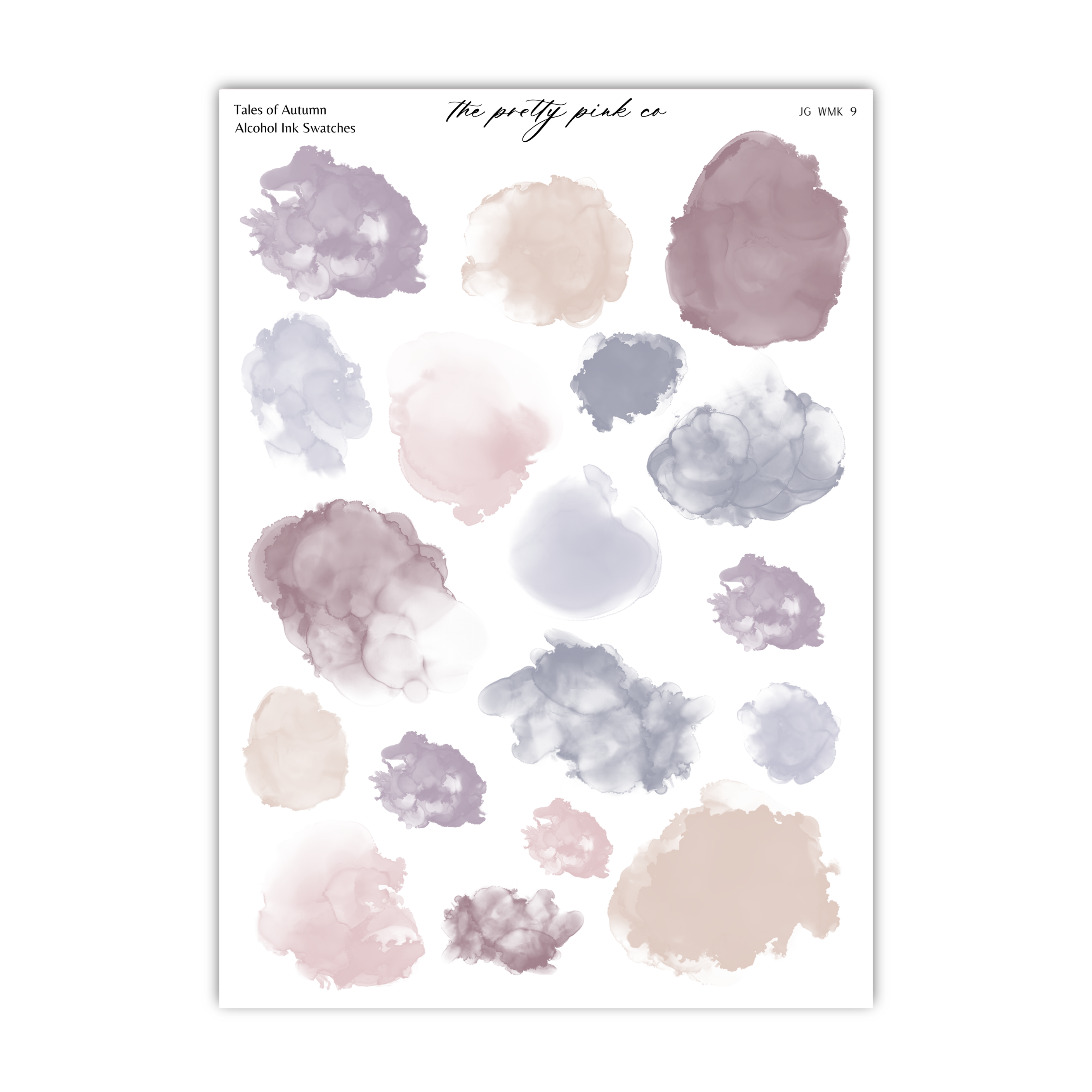 a collection of abstract watercolor brushstrokes in various shades of purple, pink, and gray, arranged in a grid-like pattern.