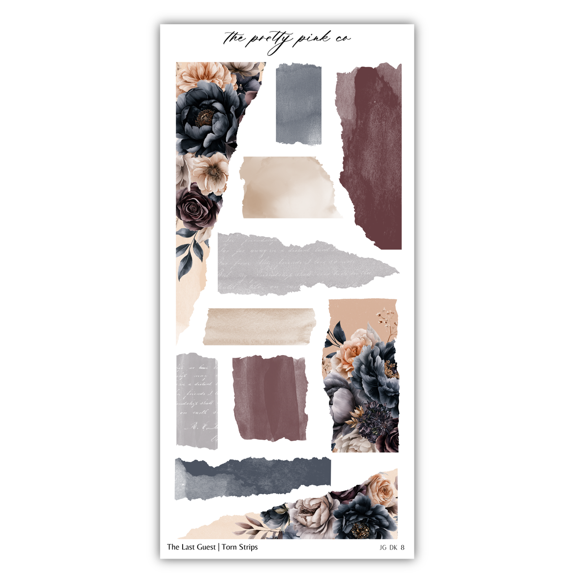 The image is a collage of various torn and cut-out shapes and patterns, including floral elements and abstract textures.