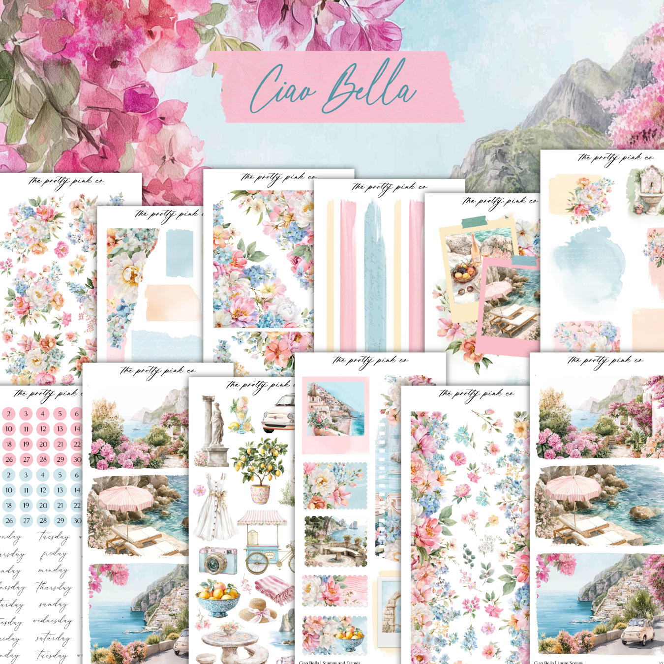 The image is a collage of various colorful and artistic images, including floral patterns, landscapes, and abstract designs. The collage is titled "Ciao Bella" and includes text that describes the images, such as "The pretty pink co", "The pretty pink co", and "The pretty pink co". The collage is a collection of different artistic elements, including flowers, landscapes, and abstract designs, all arranged in a visually appealing manner.