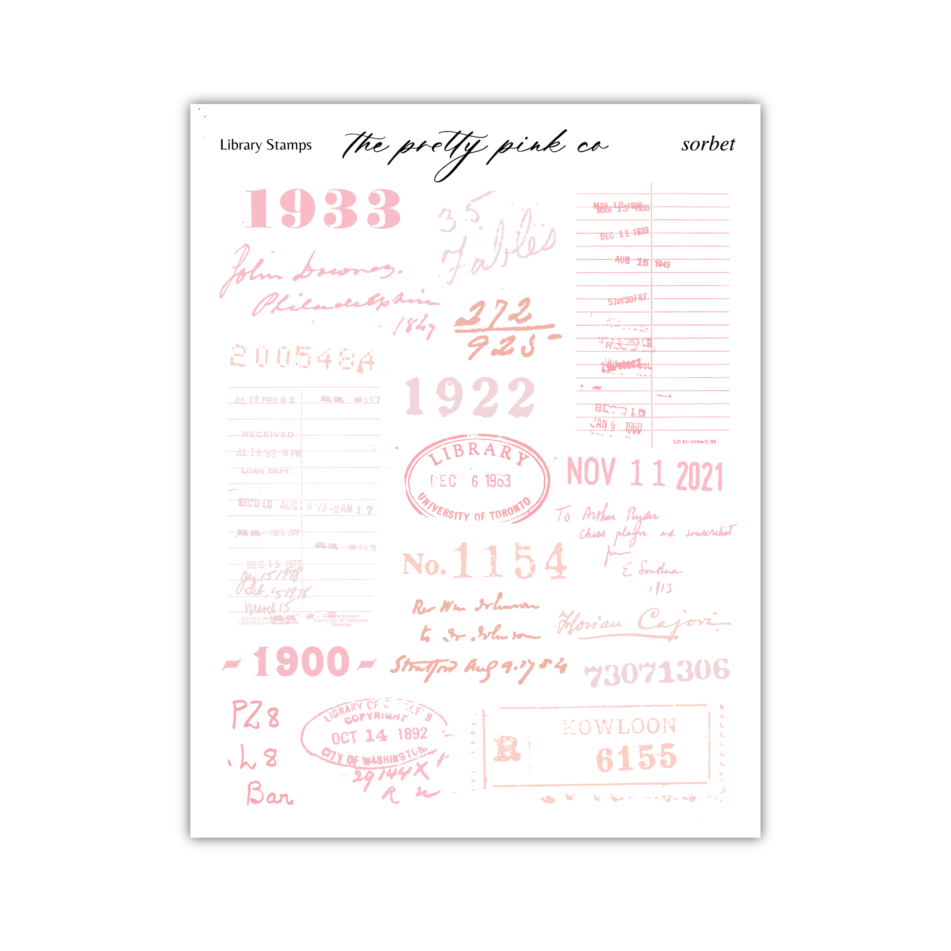 various text elements, including library stamps, library catalog numbers, and other library-related information. The text appears to be in a vintage style, with a pink color scheme. The image is not a single image but rather a collage of multiple images, and it contains a significant amount of text that is not described in detail.