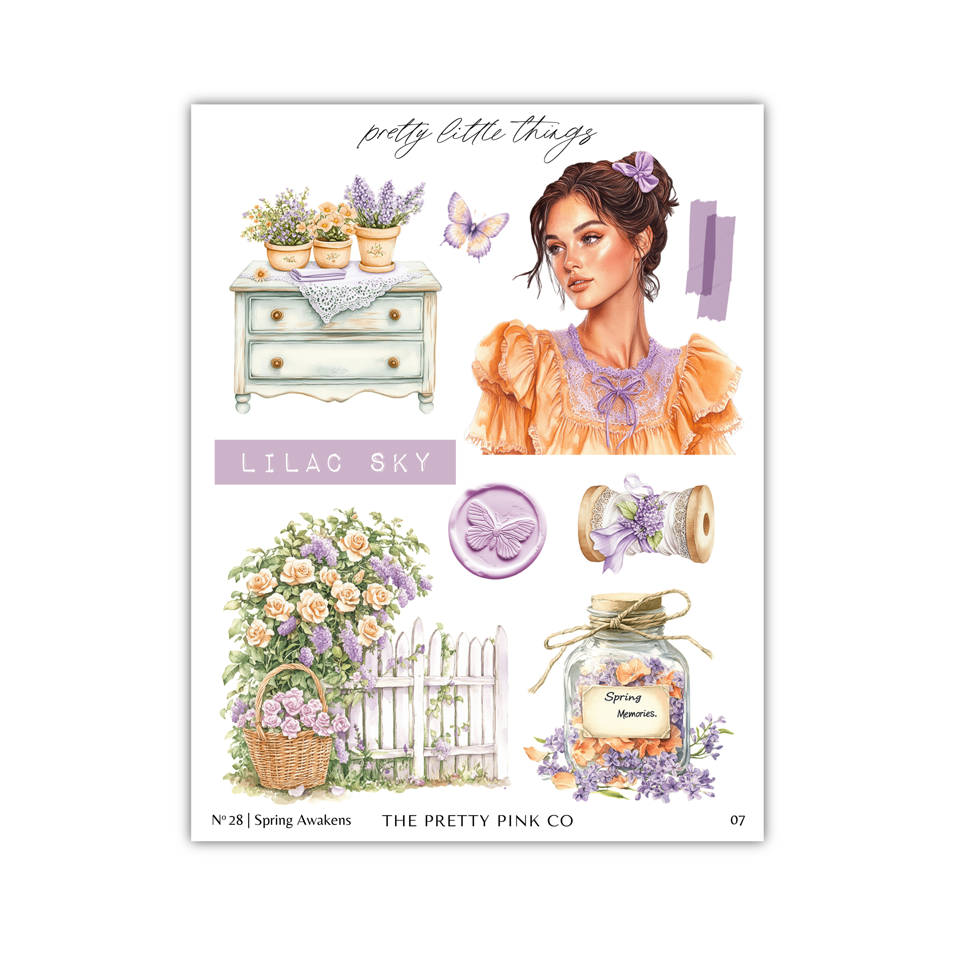 The image is a collage of various spring-themed elements, including a woman in an orange dress, a floral arrangement, a butterfly, a dresser, a basket of flowers, a jar of flowers, and a sign that says "Spring Memories".